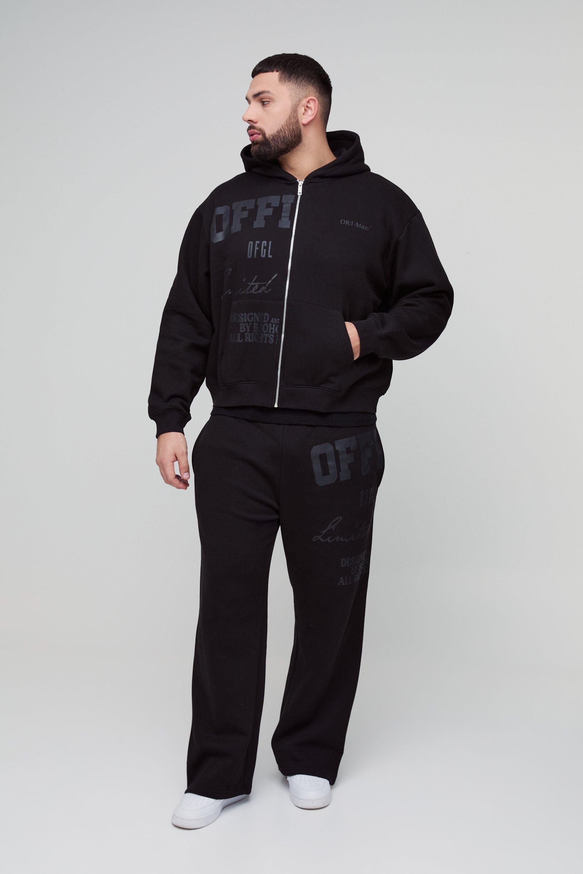 Tuta sportiva Plus Size squadrata oversize con stampa Official tono su tono, zip e cappuccio, Nero