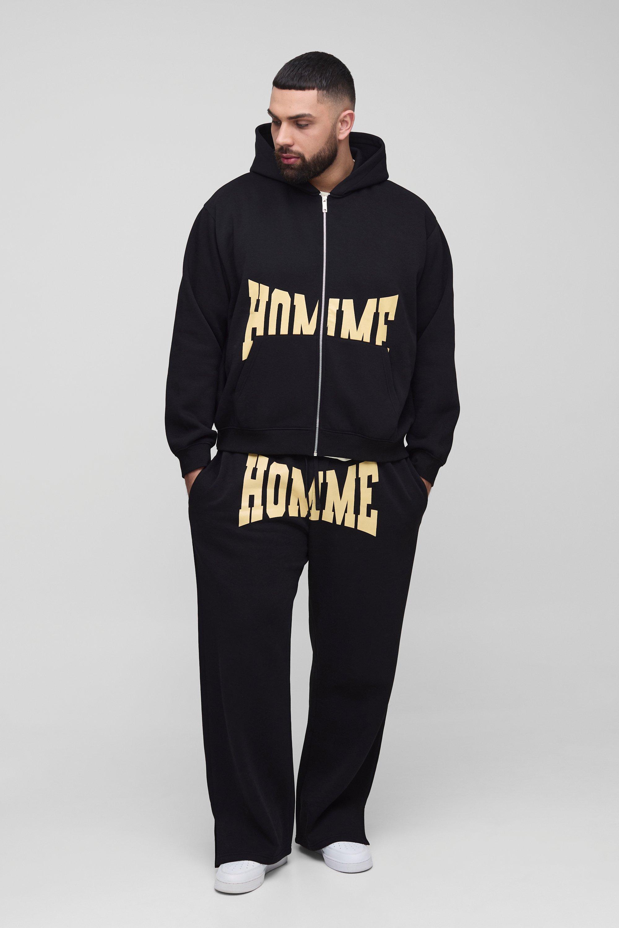 Tuta sportiva Plus Size oversize Homme con zip, cappuccio e spacco sul fondo, Nero
