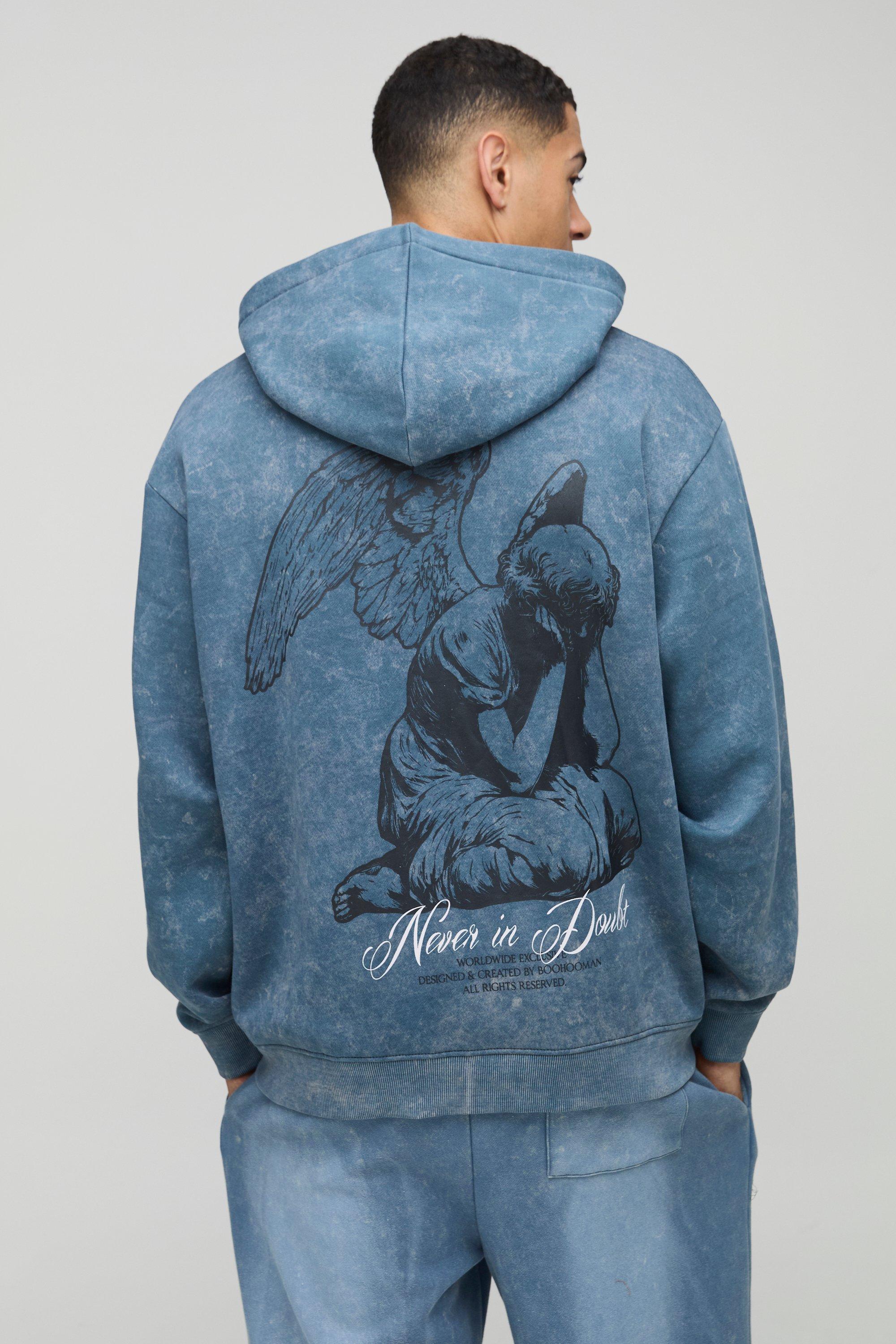Felpa oversize slavata con grafica, zip e cappuccio, Azzurro