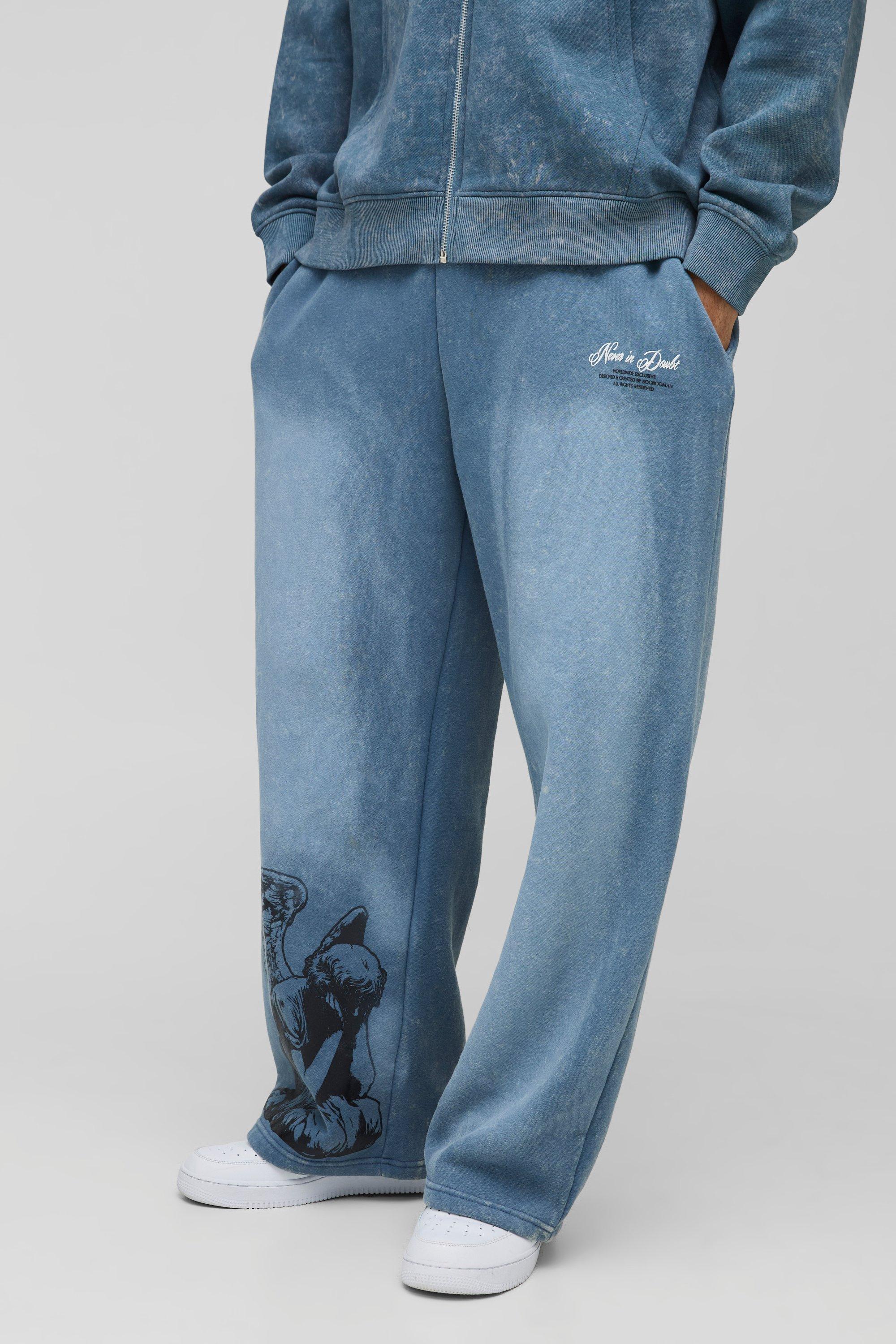 Pantaloni Tuta A Gamba Ampia Slavati Con Grafica, Azzurro