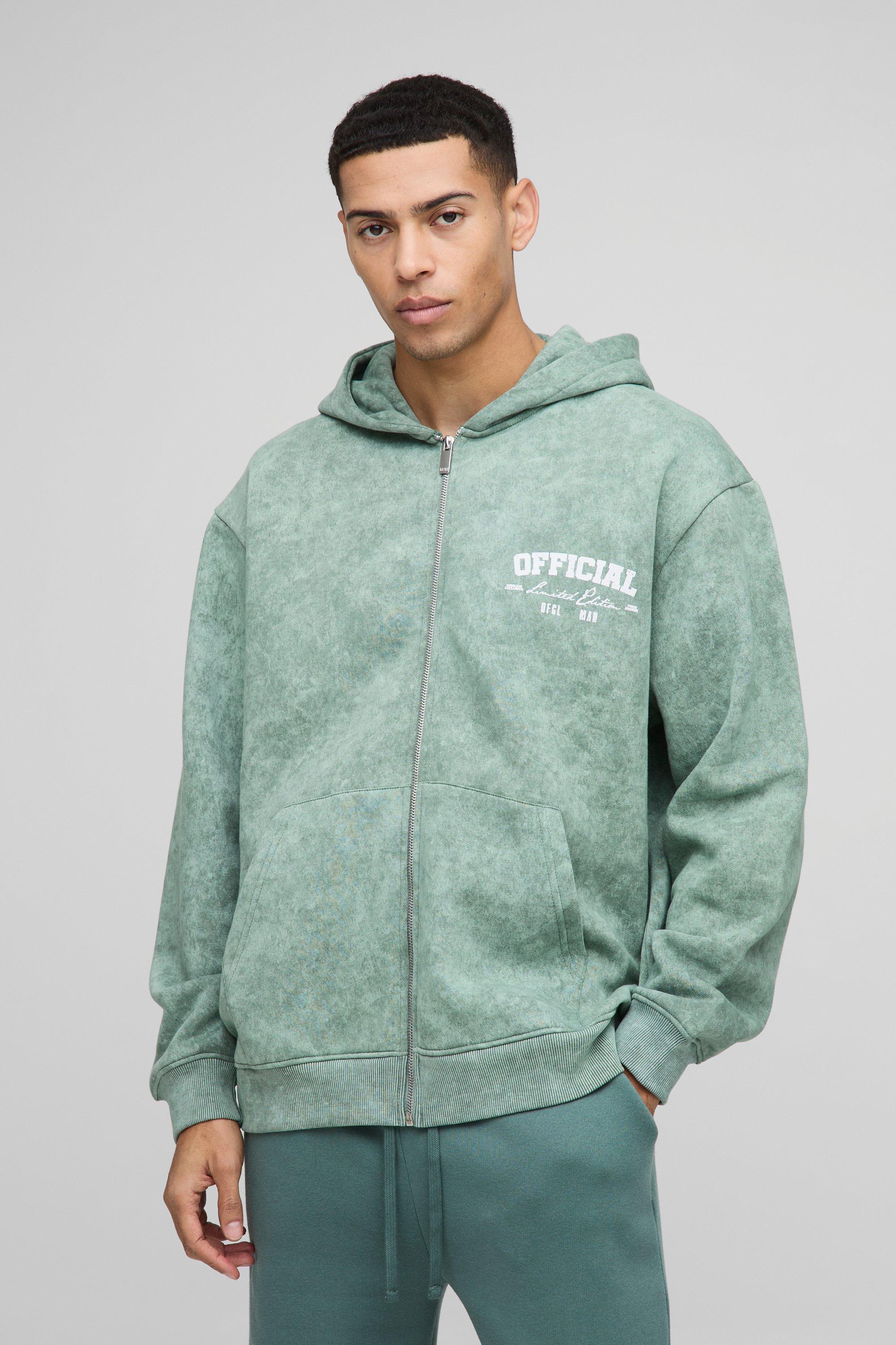 Felpa oversize Official slavata con zip e cappuccio, Verde