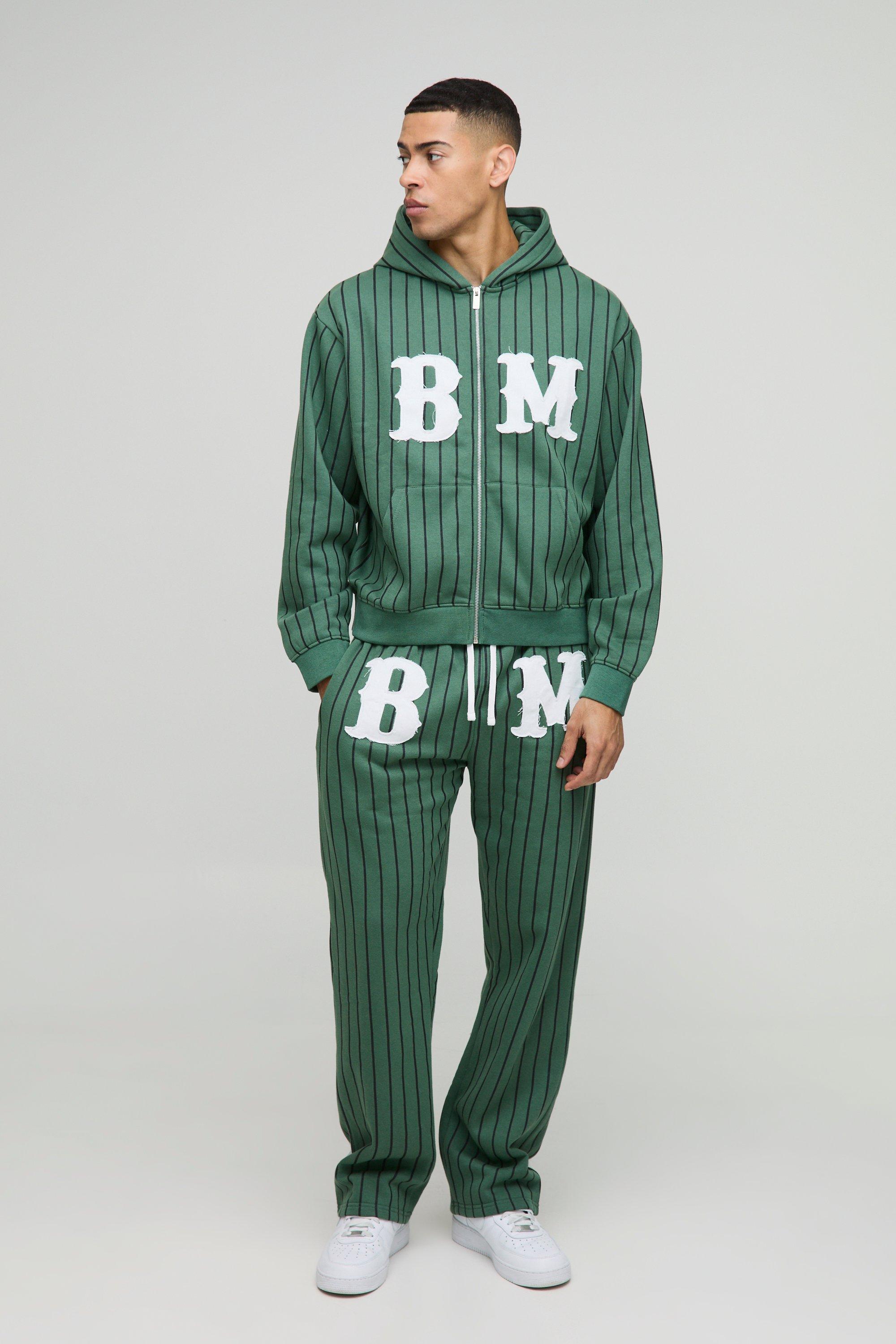 Image of Tuta sportiva squadrata oversize a righe verticali con applique, zip e cappuccio, Verde