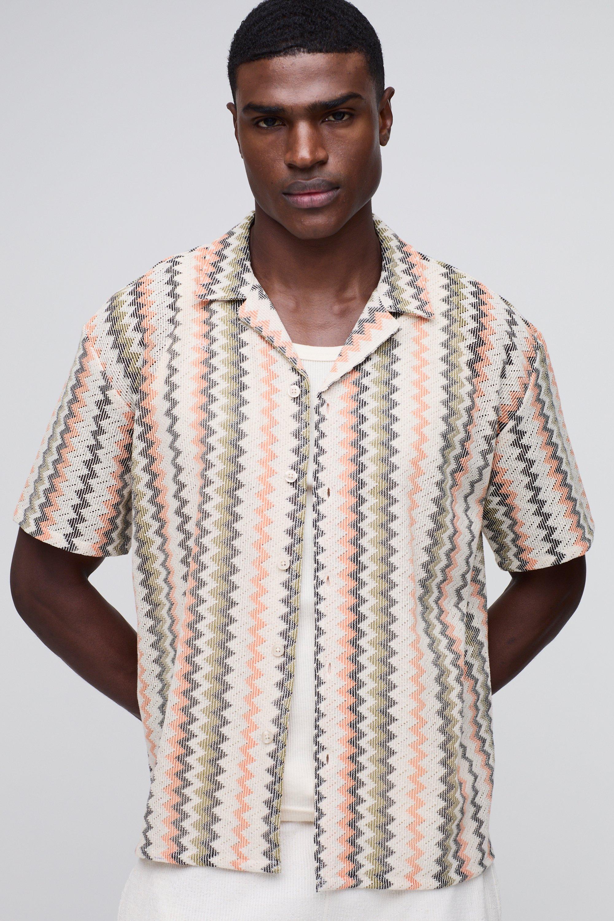Mens Green Open Weave Striped Pocket Oversized Shirt, Green