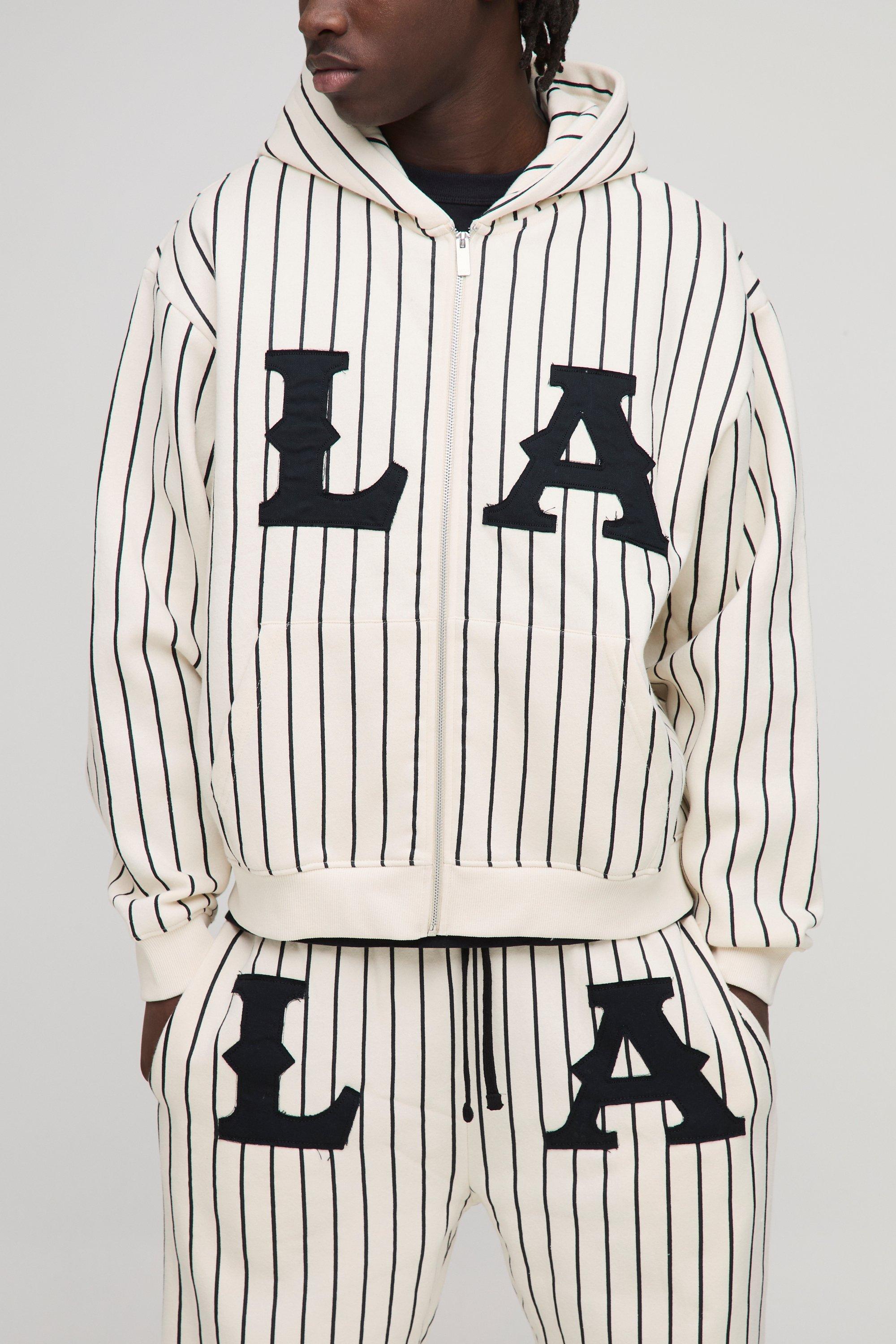 Mens Cream Oversized Boxy LA Applique Pinstripe Zip Through Hoodie, Cream