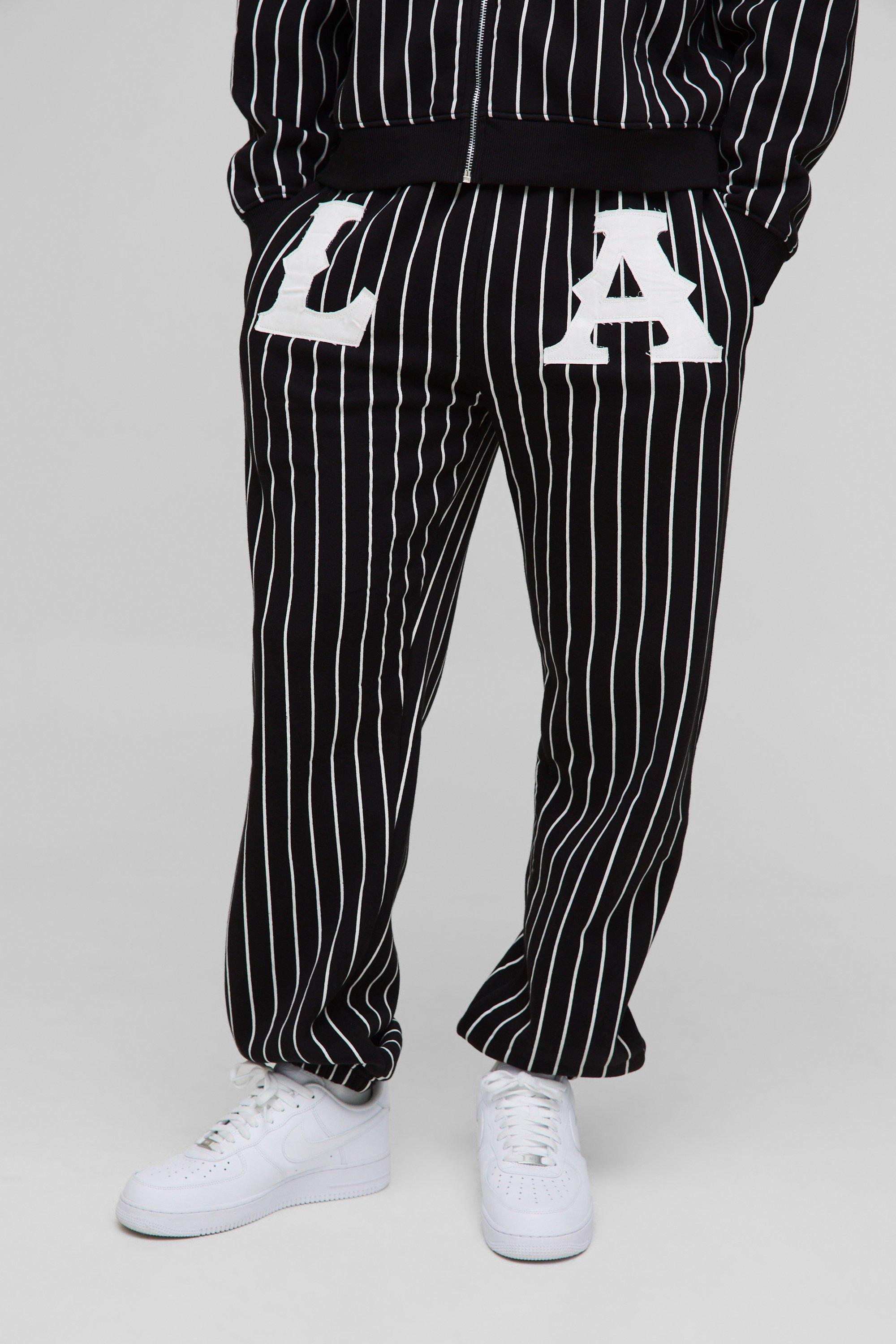 Mens Black Relaxed LA Applique Pinstripe Joggers, Black