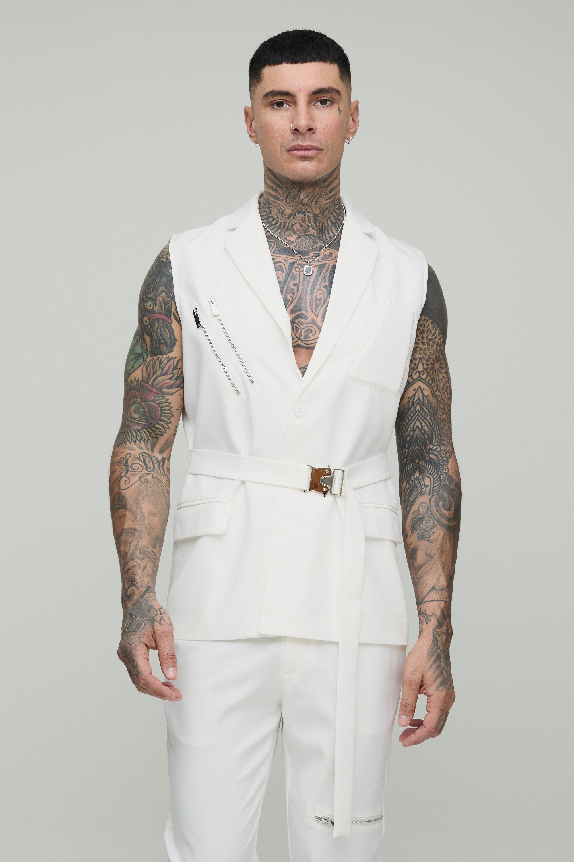 Mens White Single Breasted Sleeveless Suit Jacket, White