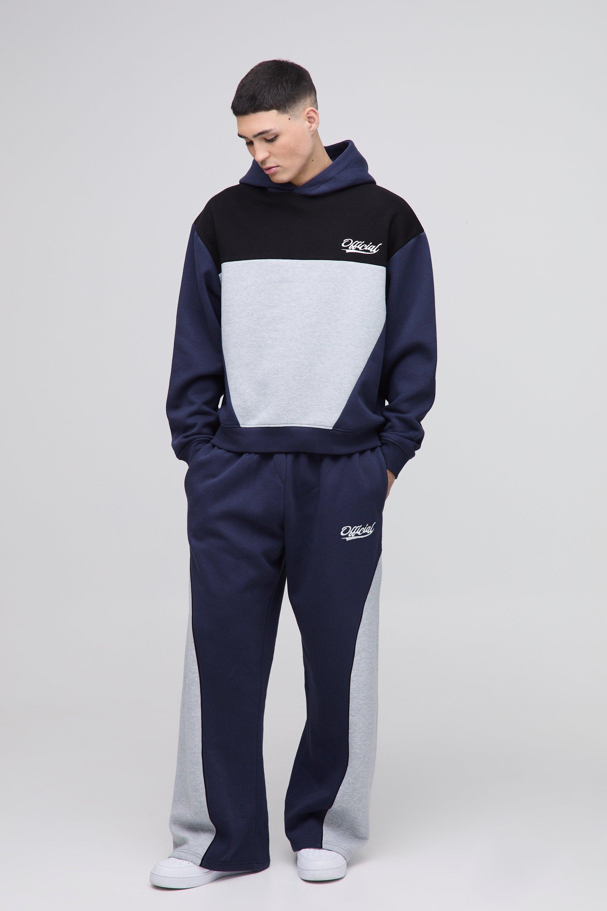 Tuta Sportiva Squadrata Oversize Official A Blocchi Di Colore Con Cappuccio, Navy