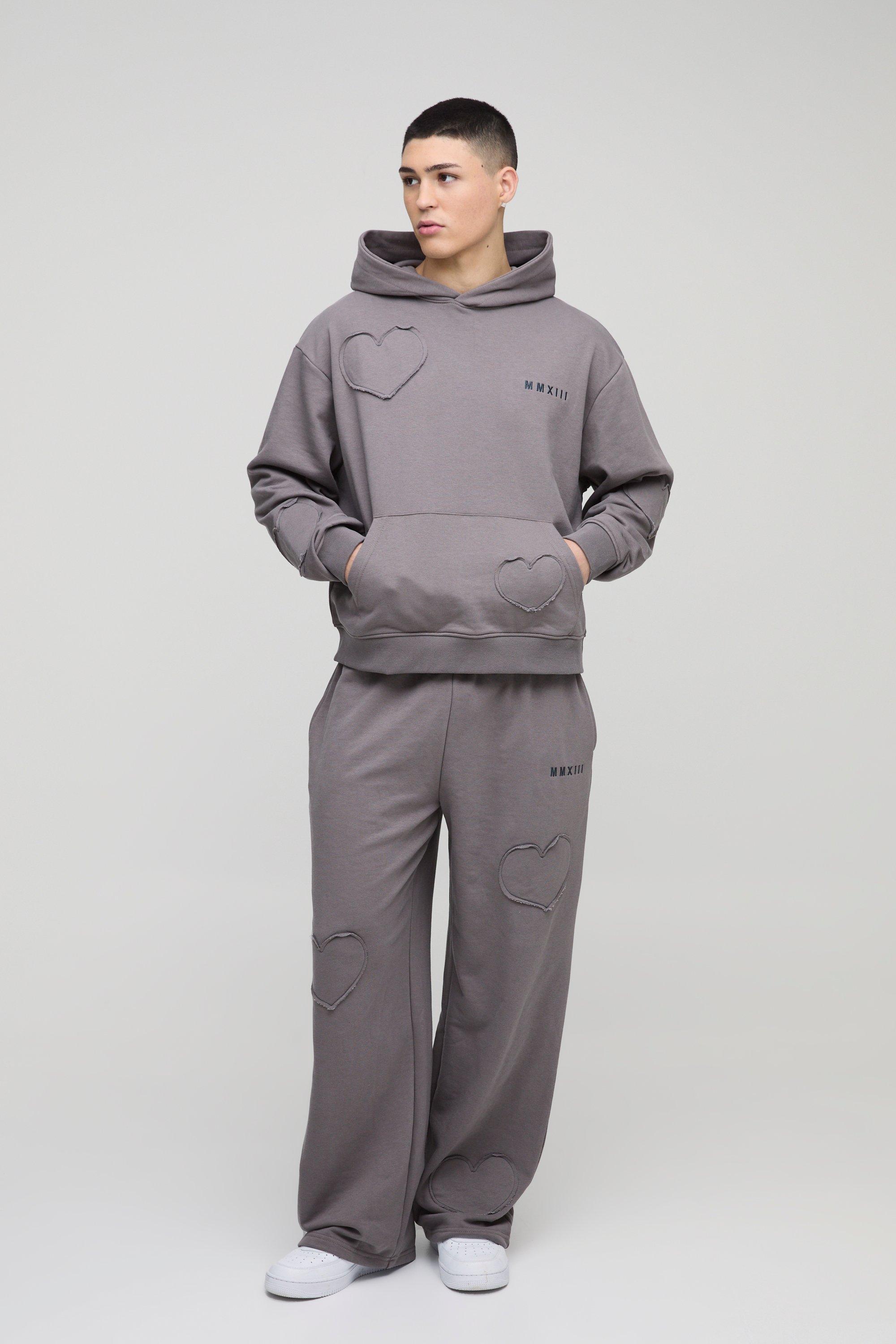 Tuta Sportiva Squadrata Oversize Con Applique A Cuore, Grigio