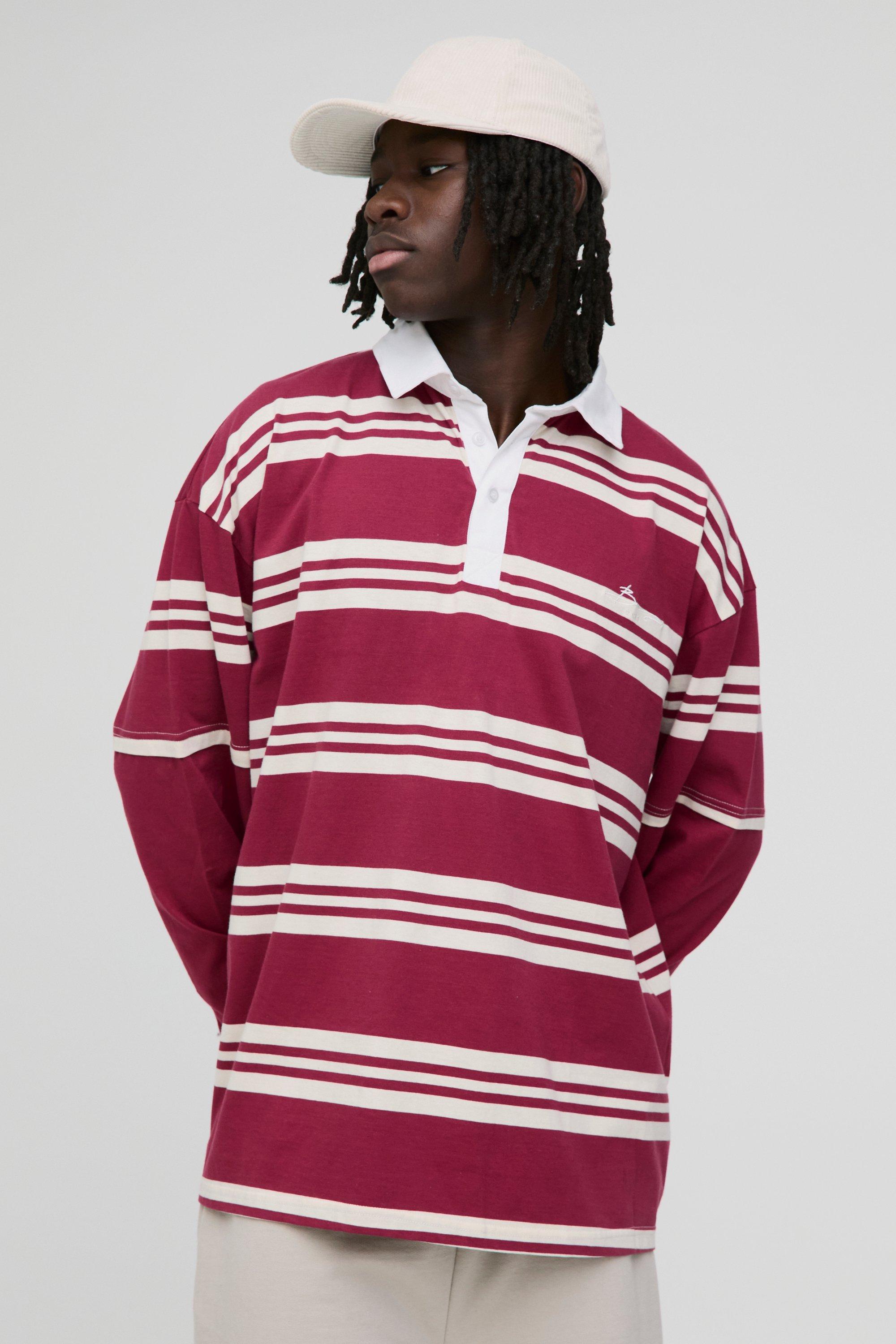 Polo oversize a righe con firma BM e finto doppio livello, Rosso