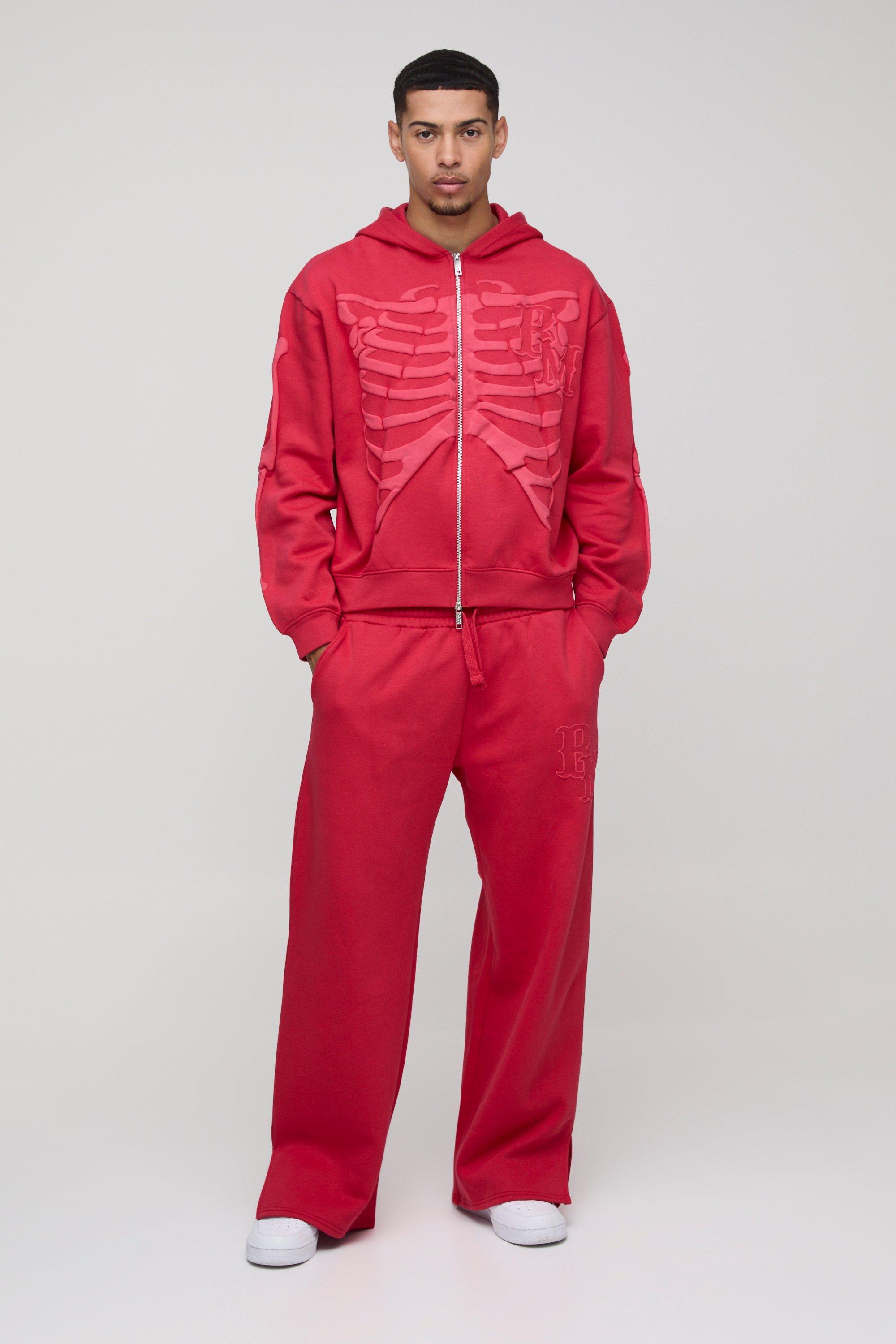 Tuta sportiva oversize con stampa di scheletro, zip e cappuccio, Rosso