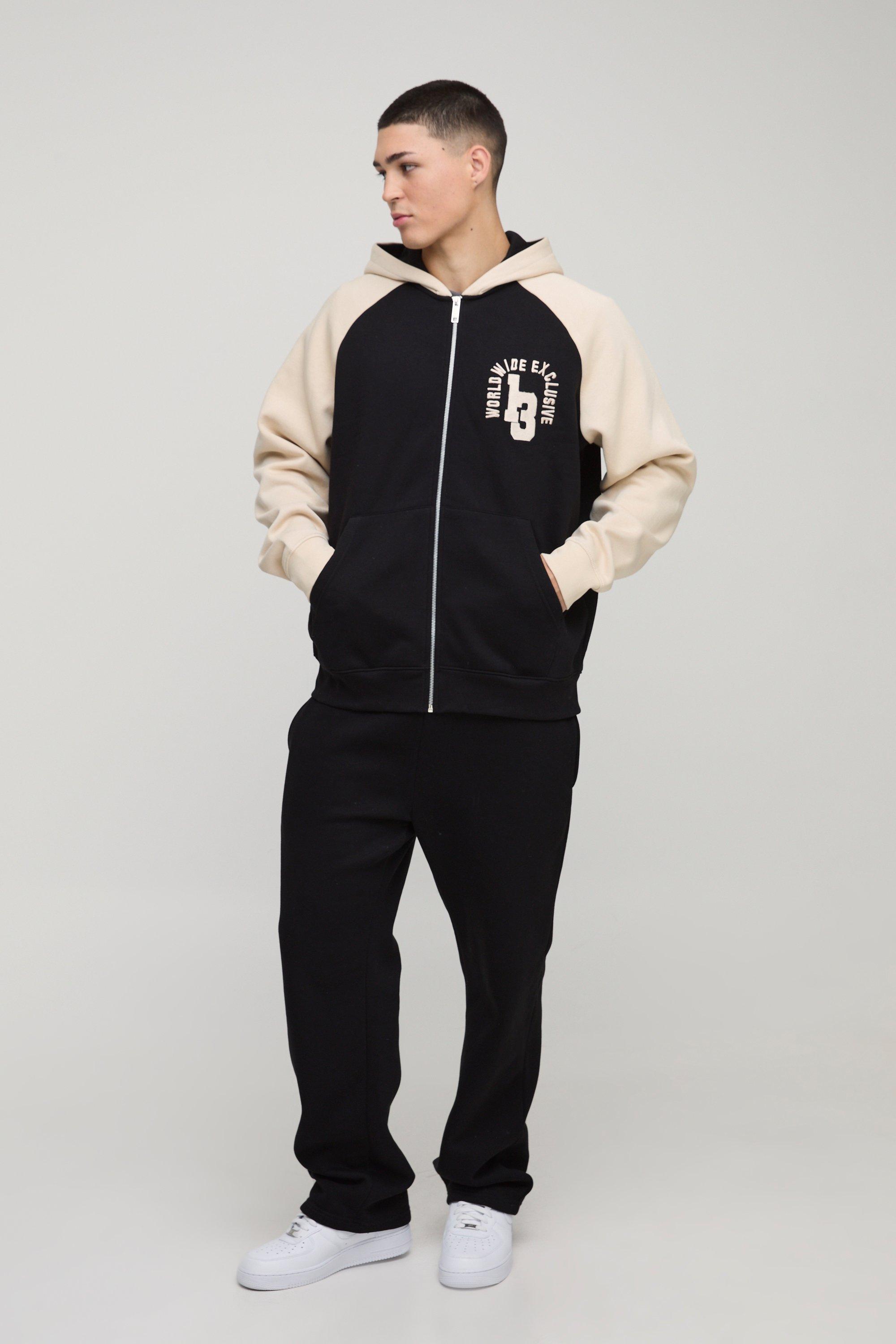 Mens Black Oversized Varsity Raglan Zip Hooded Tracksuit, Black