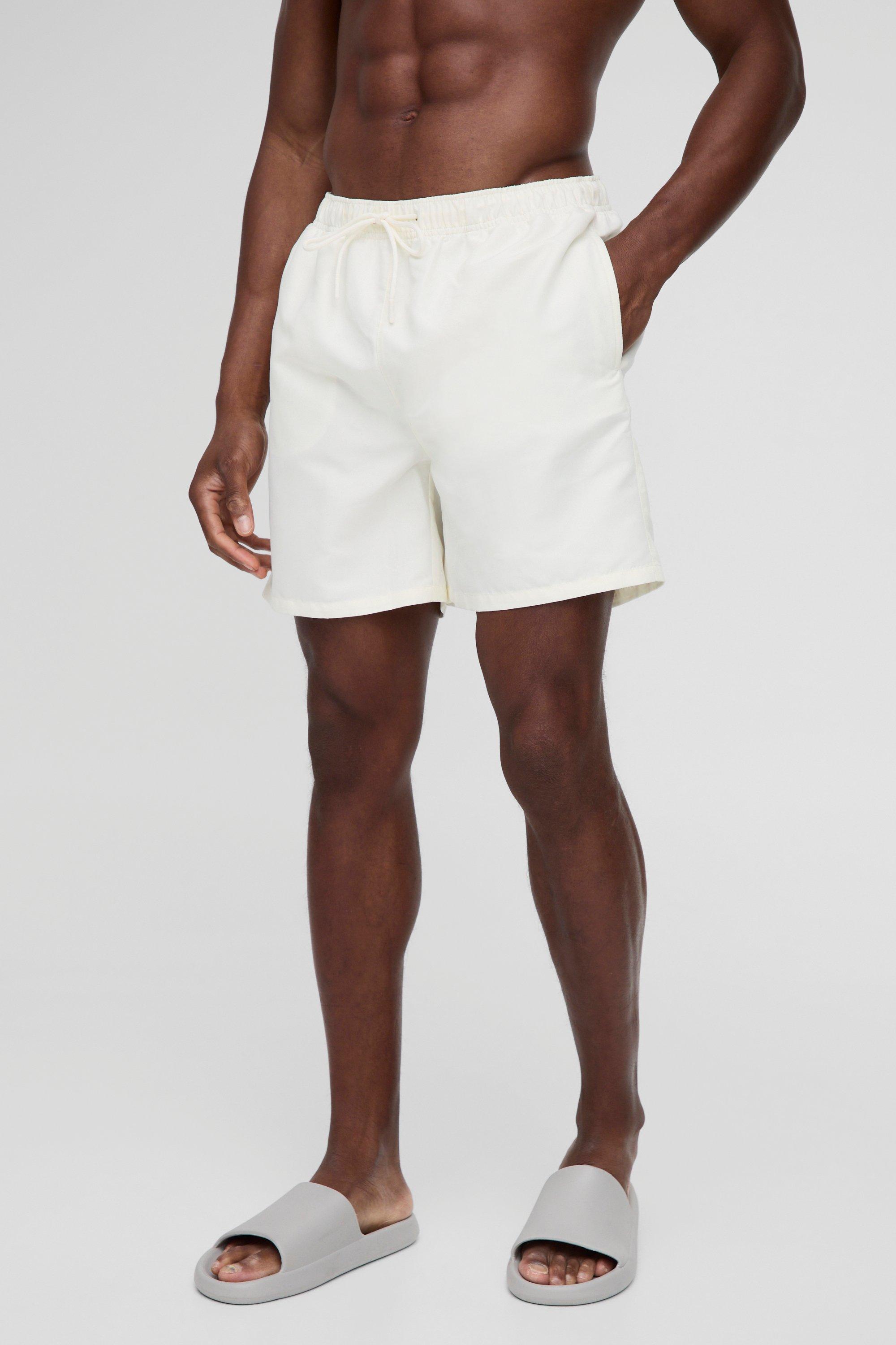 Mens Cream Mid Length Swim Short in Ecru, Cream