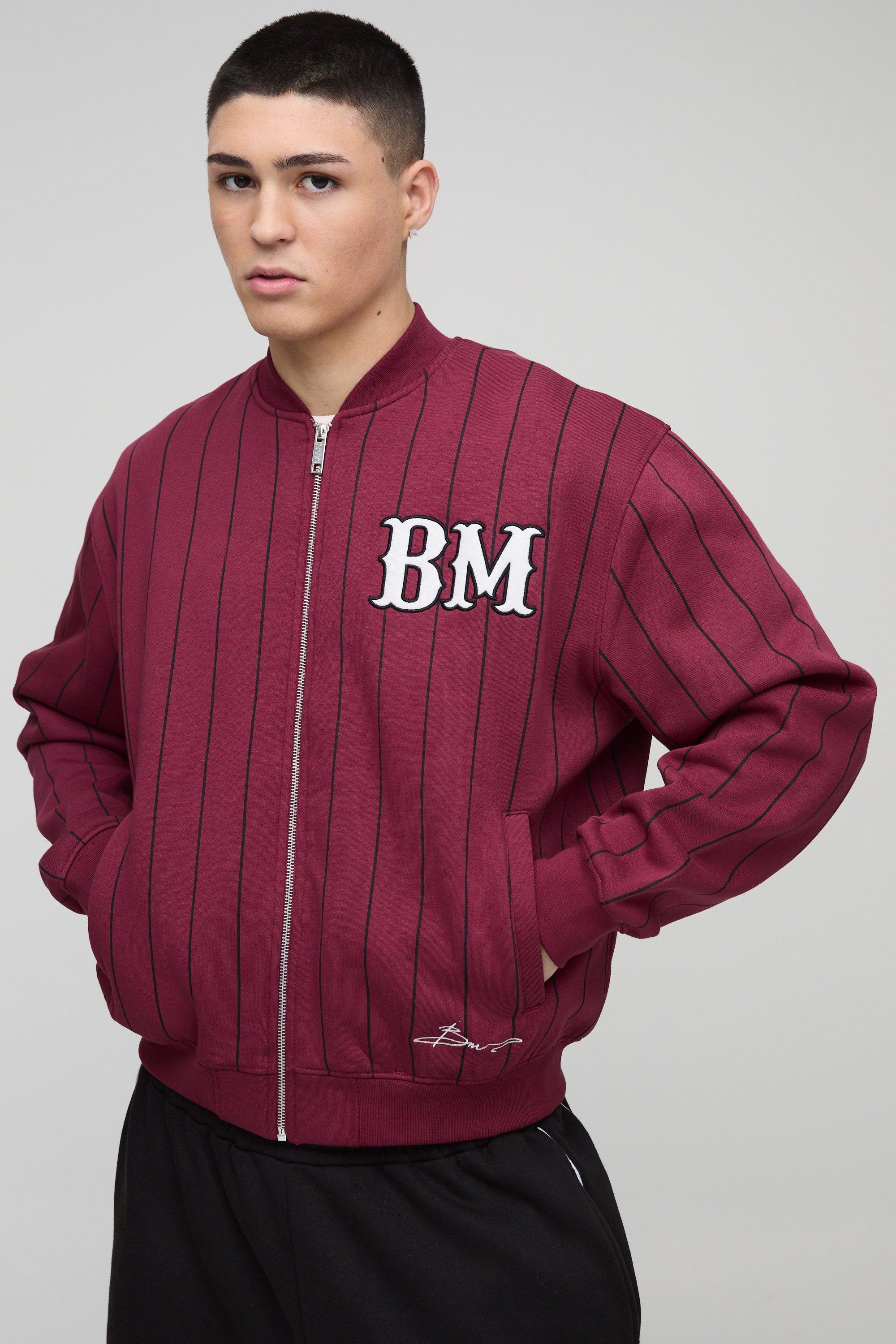 Mens Red Oversized BM Pinstripe Jersey Bomber Jacket, Red