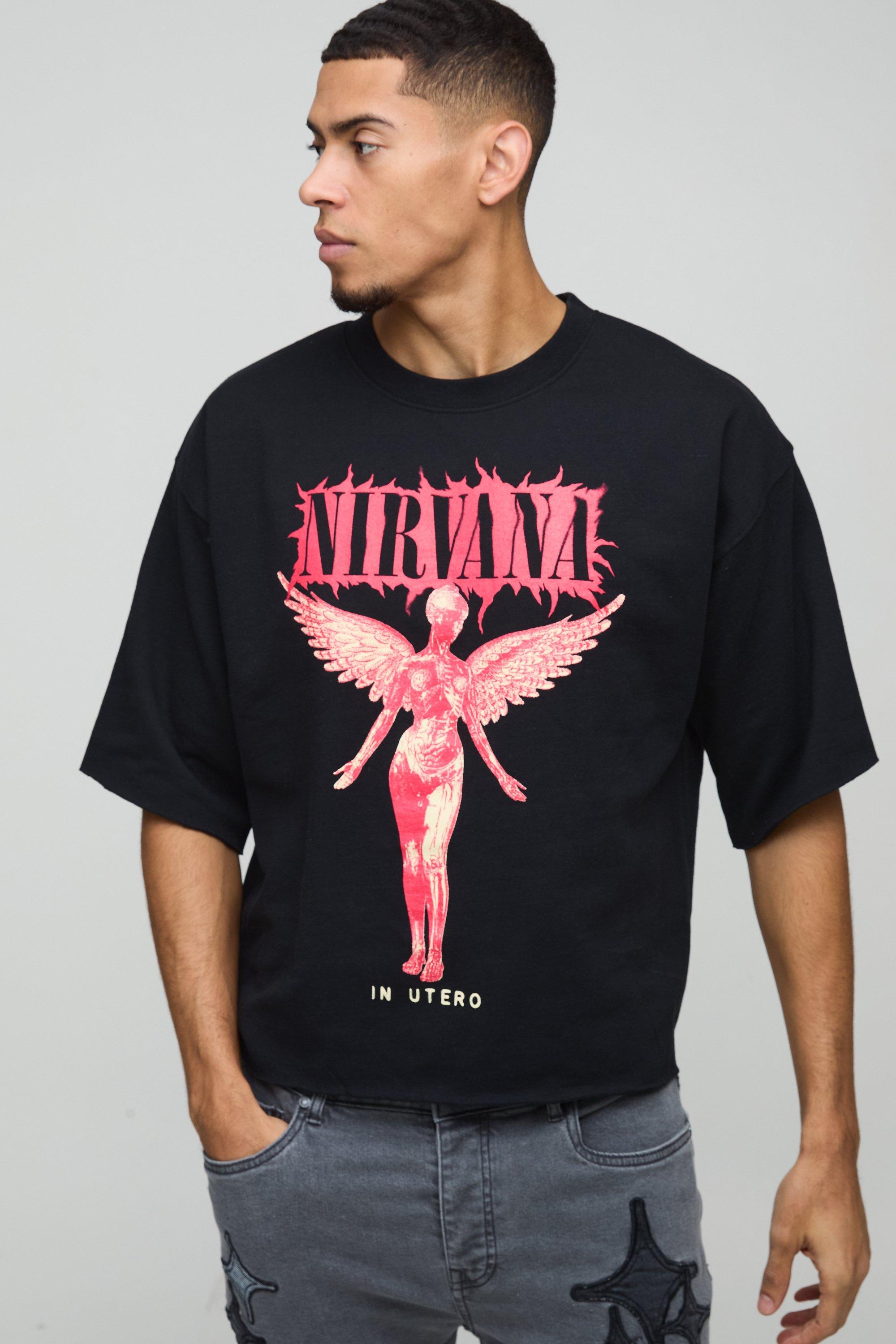 Mens Black Oversized Half Sleeve Raw Hem Nirvana License Print Sweatshirt, Black