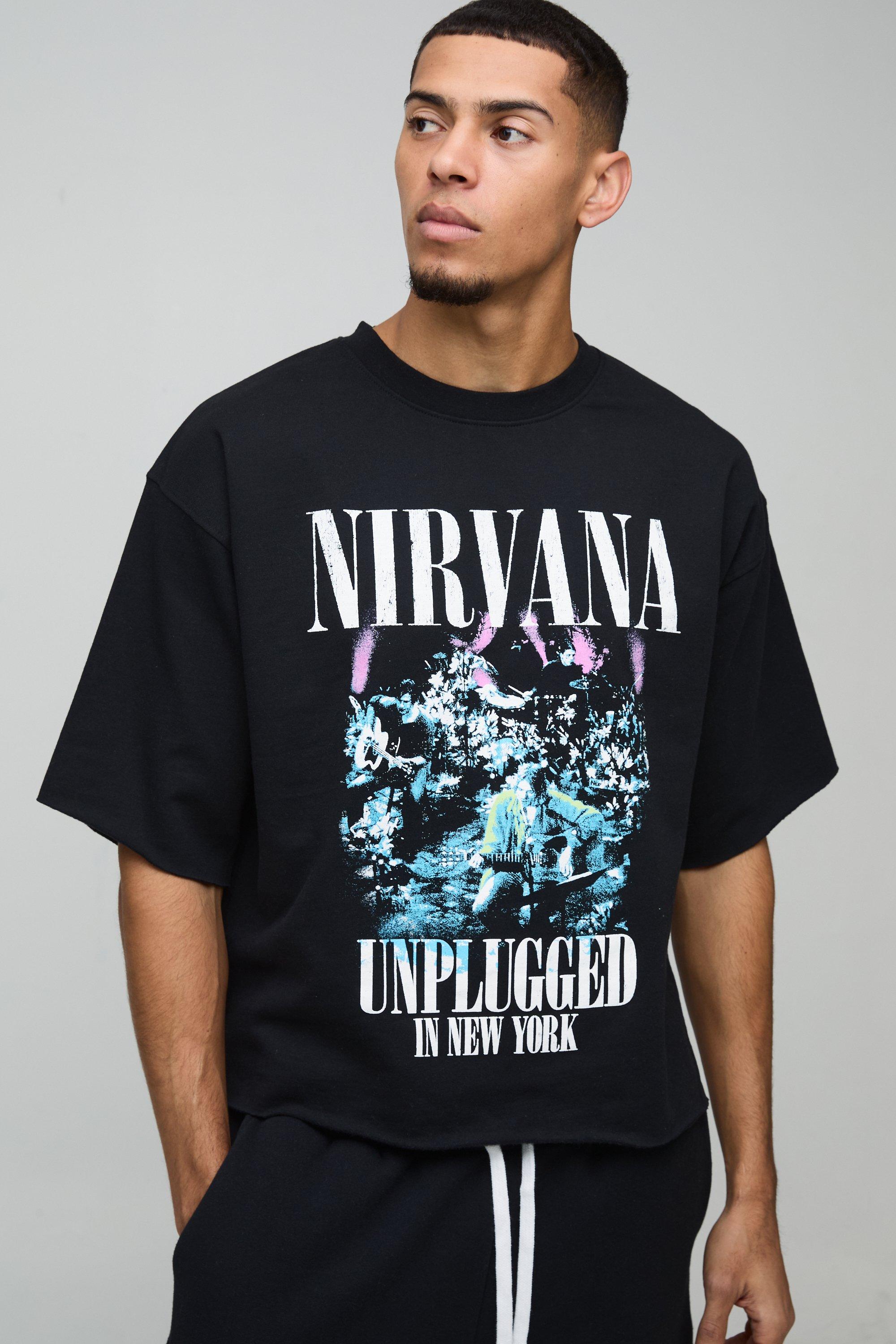 Mens Black Oversized Half Sleeve Raw Hem Nirvana License Print Sweatshirt, Black