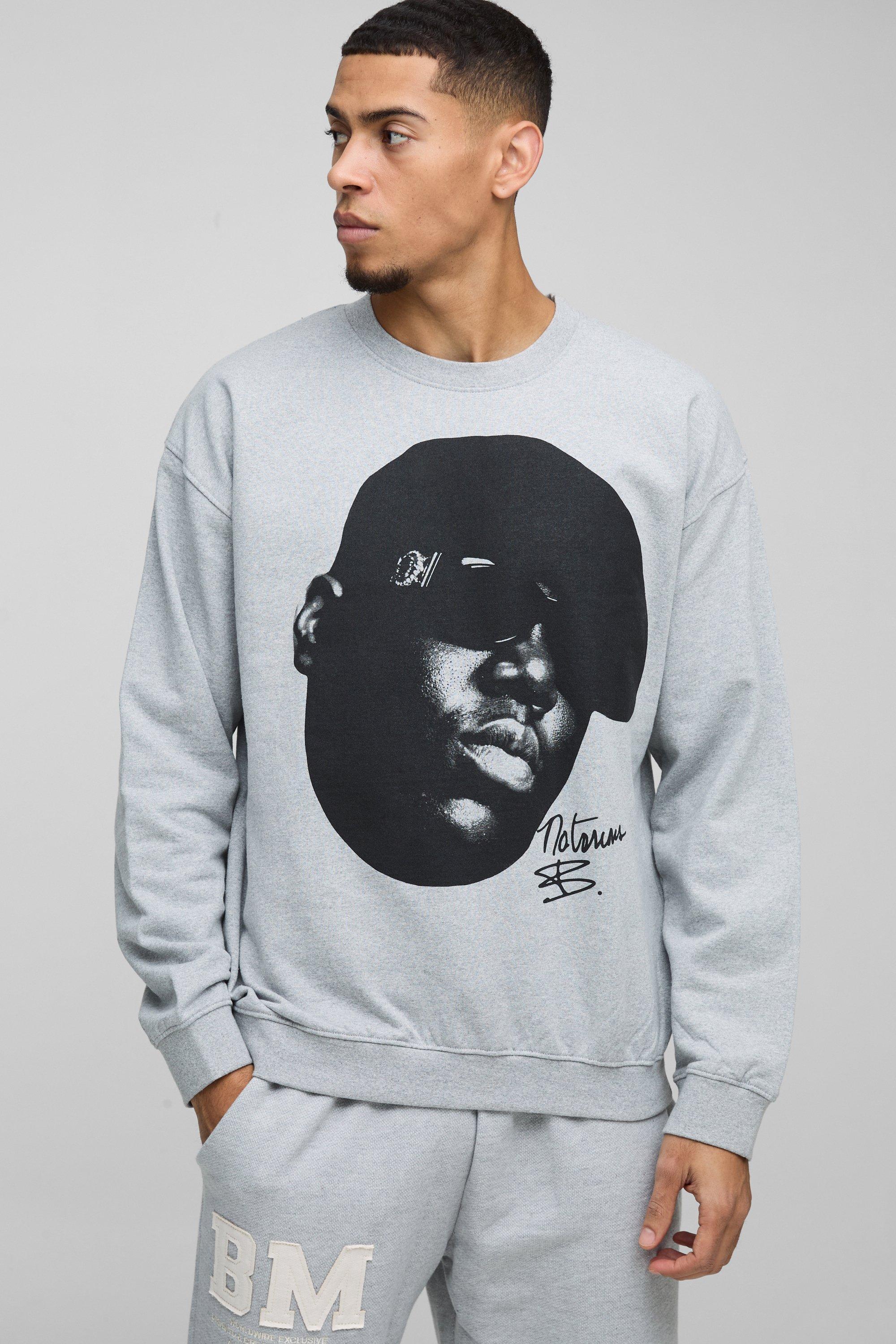 Felpa oversize ufficiale con stampa Biggie Face, Grigio