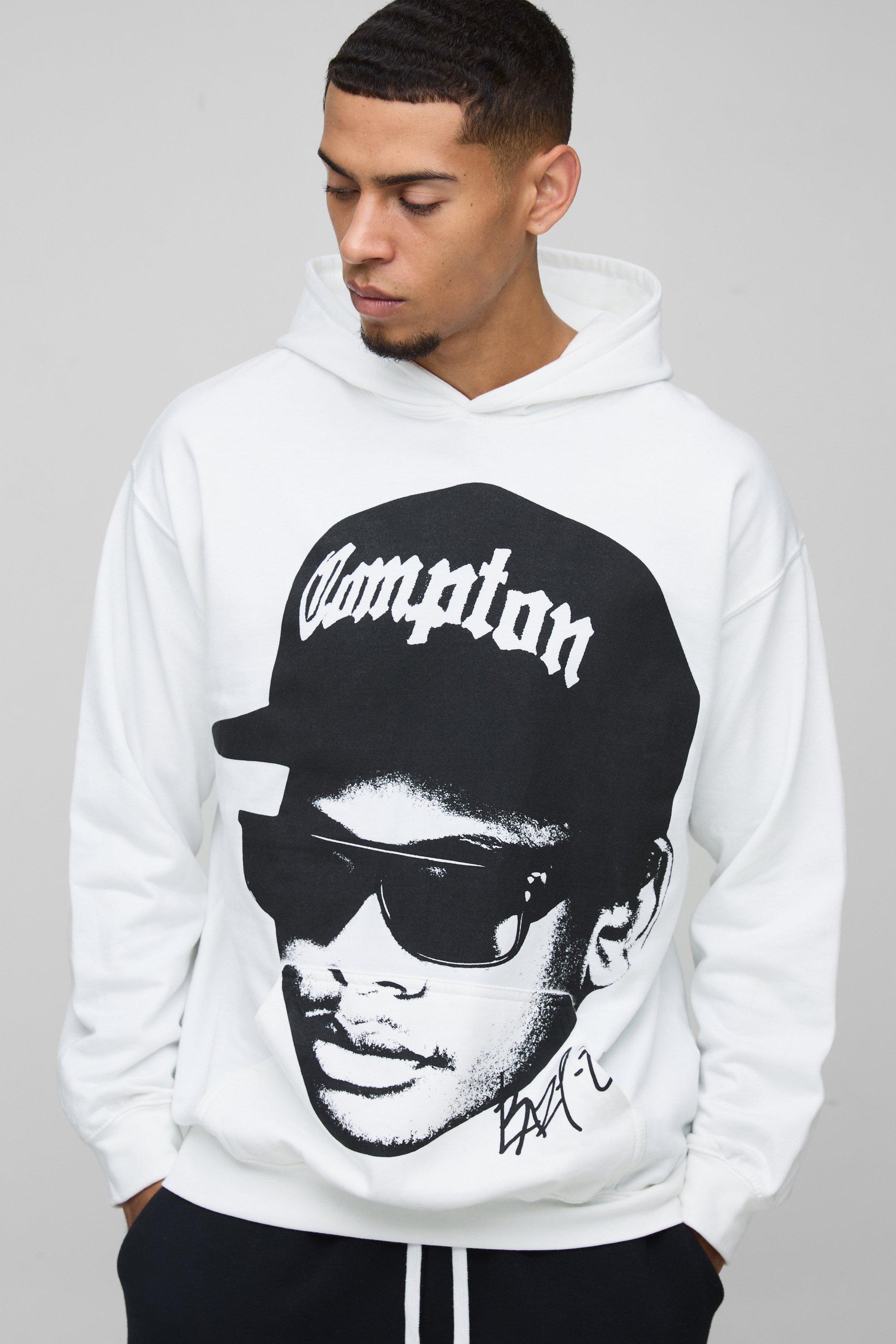 Mens White Oversized Eazy E Face License Print Hoodie, White