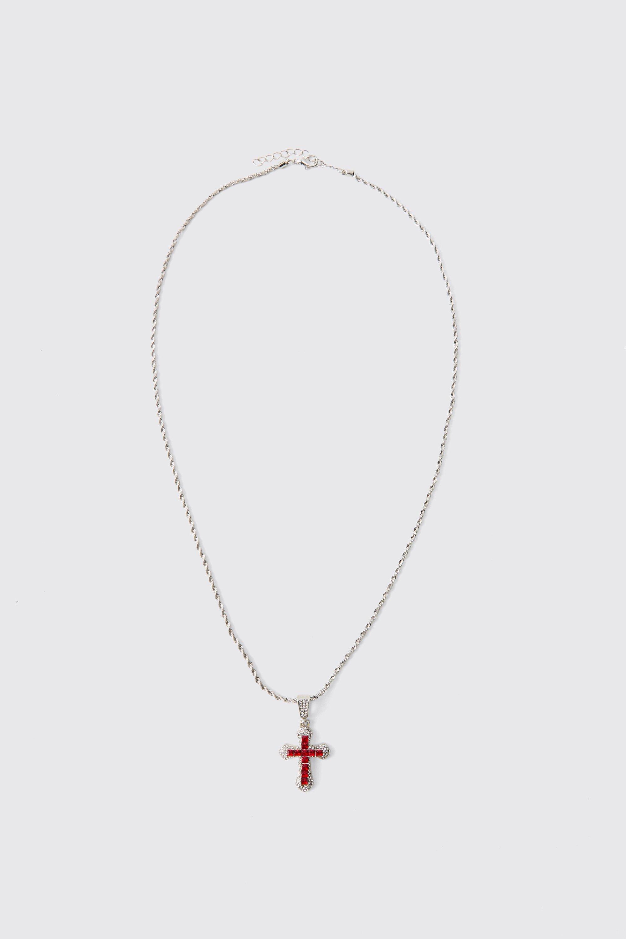 Mens Grey Iced Pink Cross Necklace, Grey