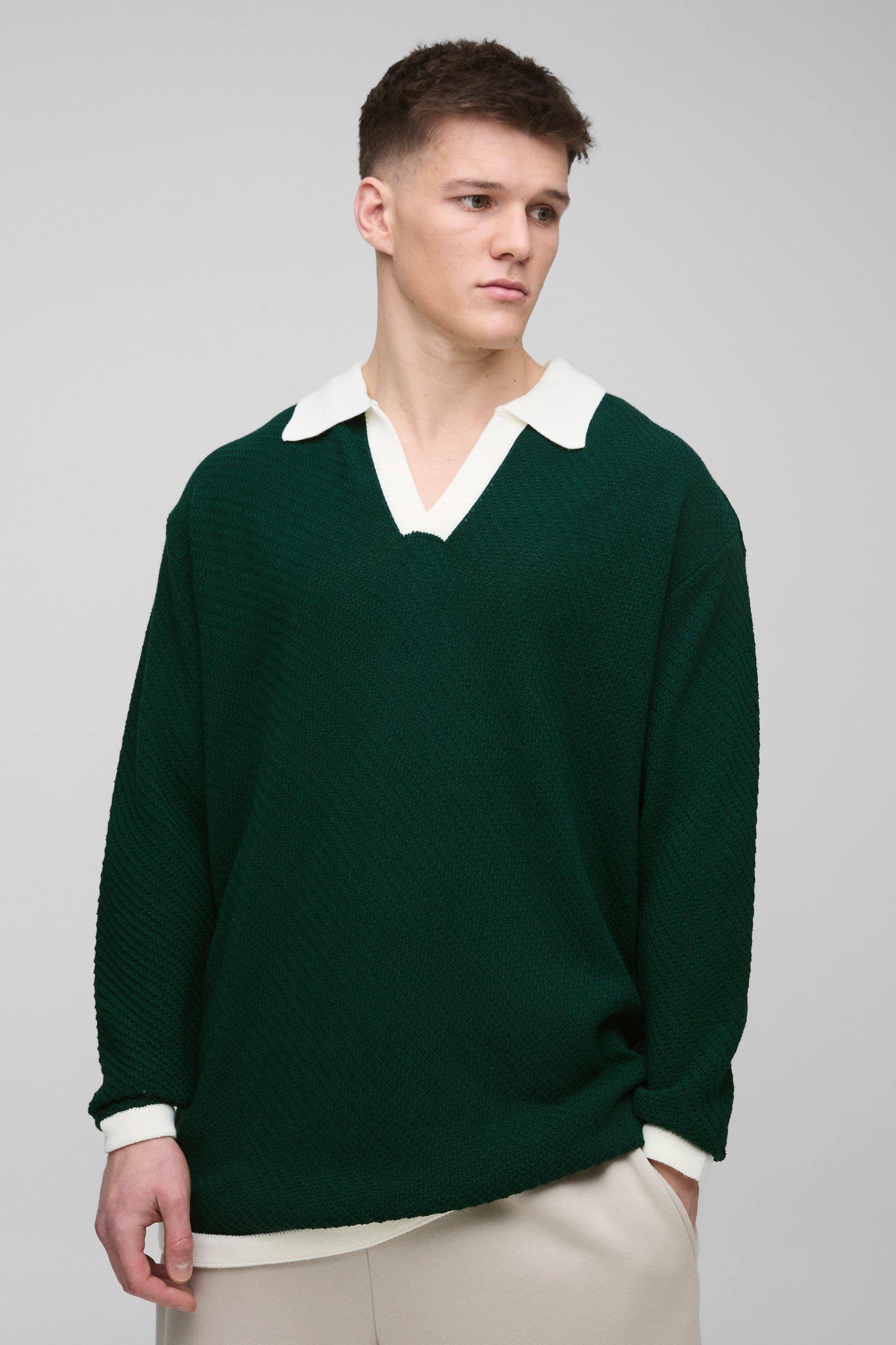 Polo Tall oversize a maniche lunghe in maglia con colletto a contrasto, Verde