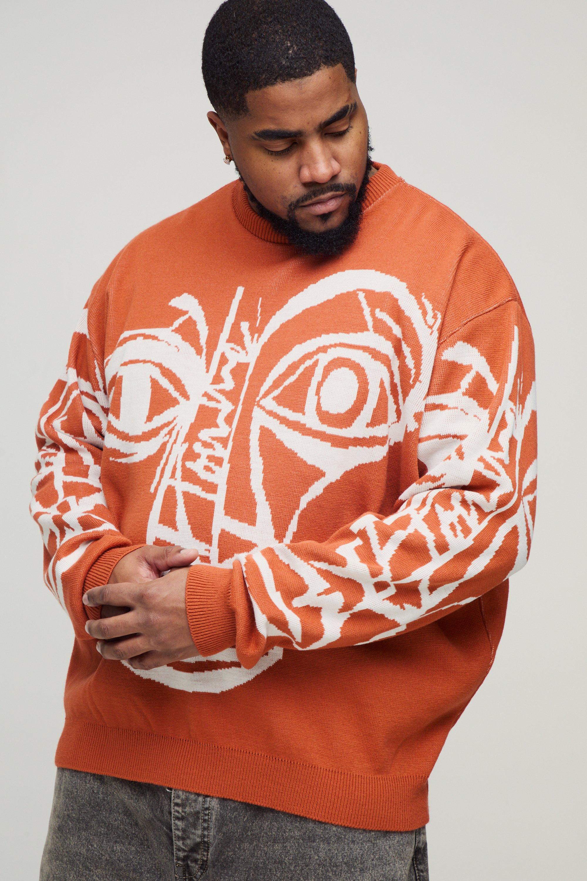 Mens Orange Plus Oversized Boxy Abstract Line Face Knitted Jumper, Orange