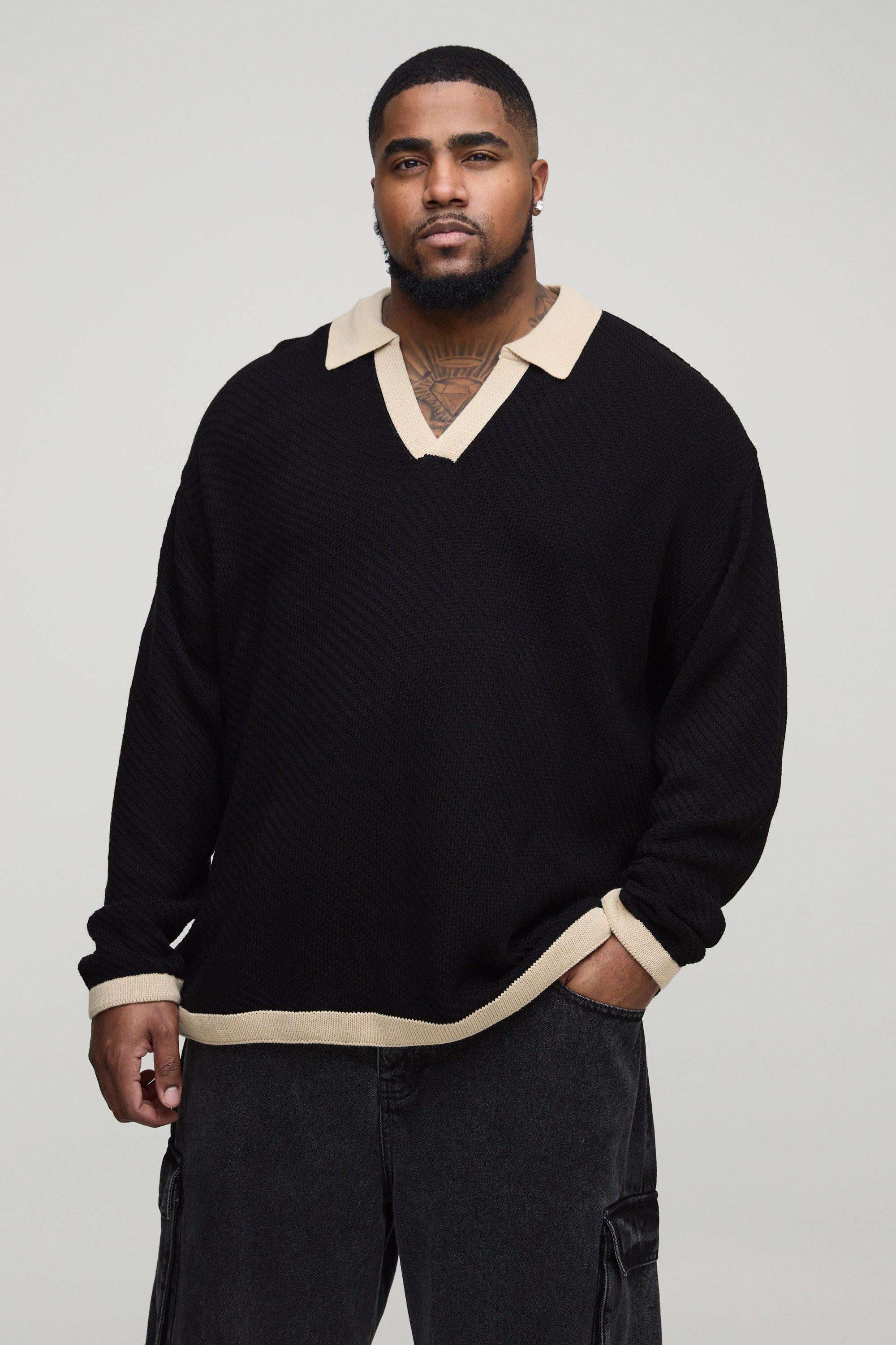 Image of Polo Plus Size oversize a maniche lunghe in maglia con colletto a contrasto, Nero