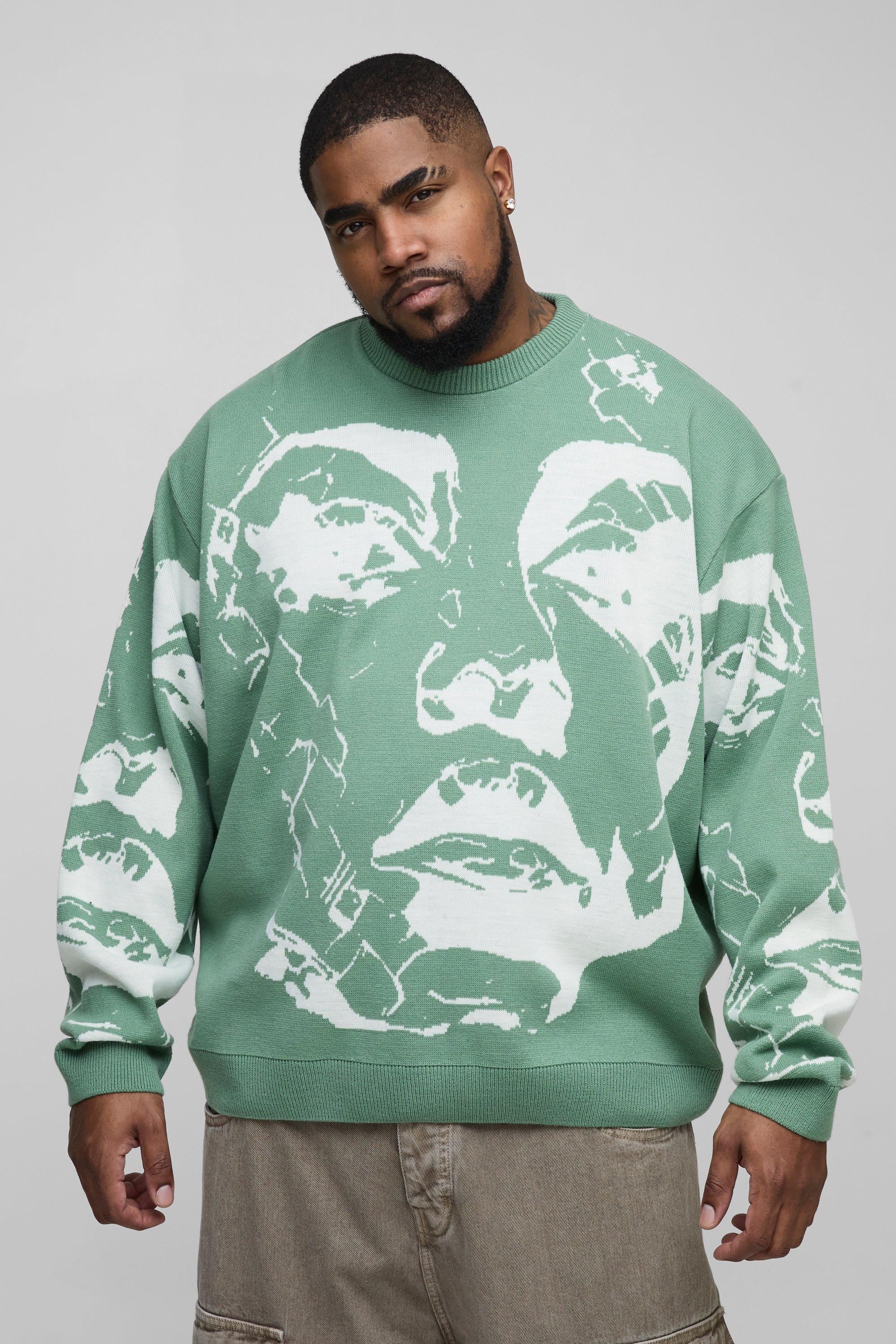 Mens Green Plus Oversized Boxy Line Face Knitted Jumper, Green