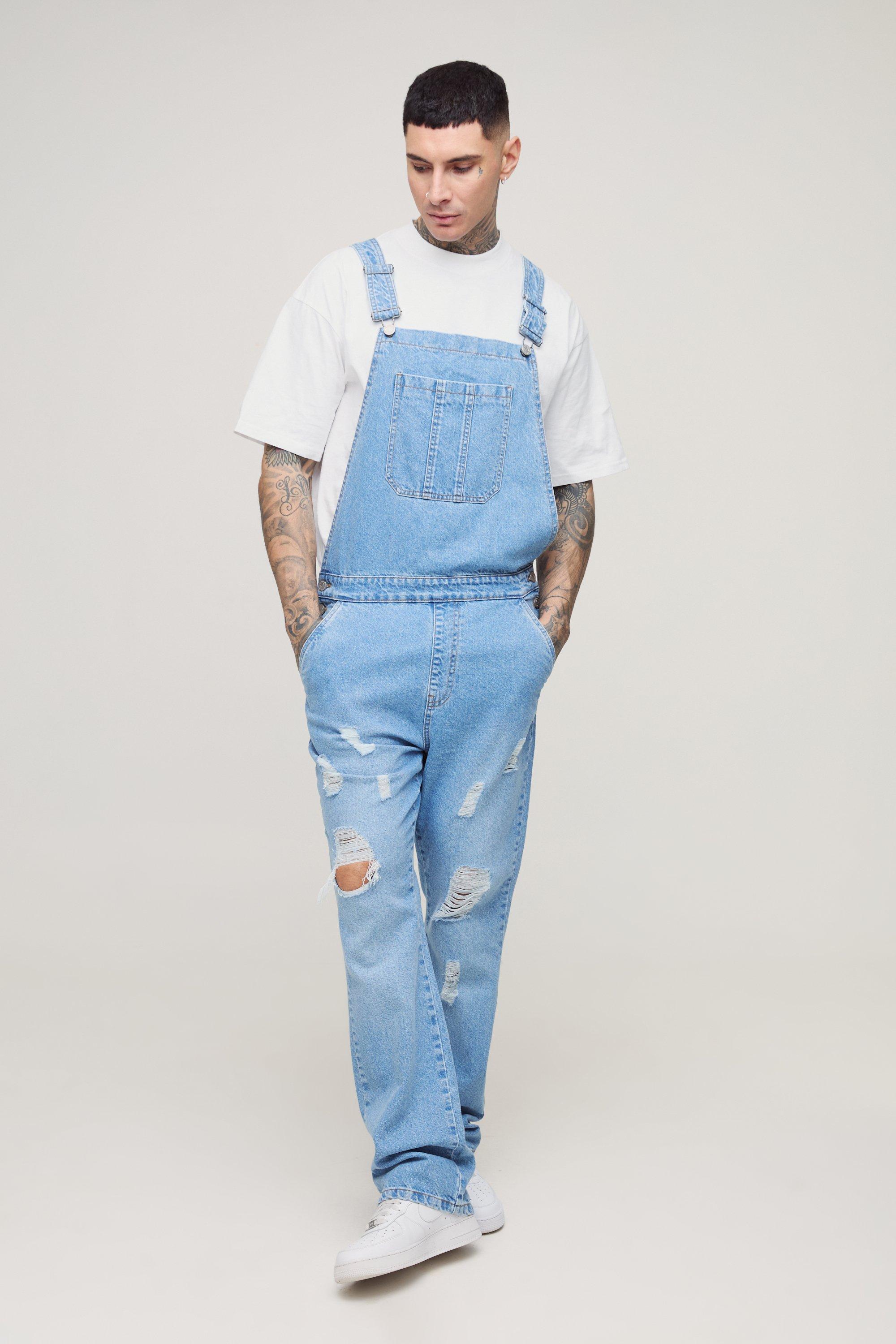 Mens Grey Tall Straight Leg Distressed Dungarees, Grey