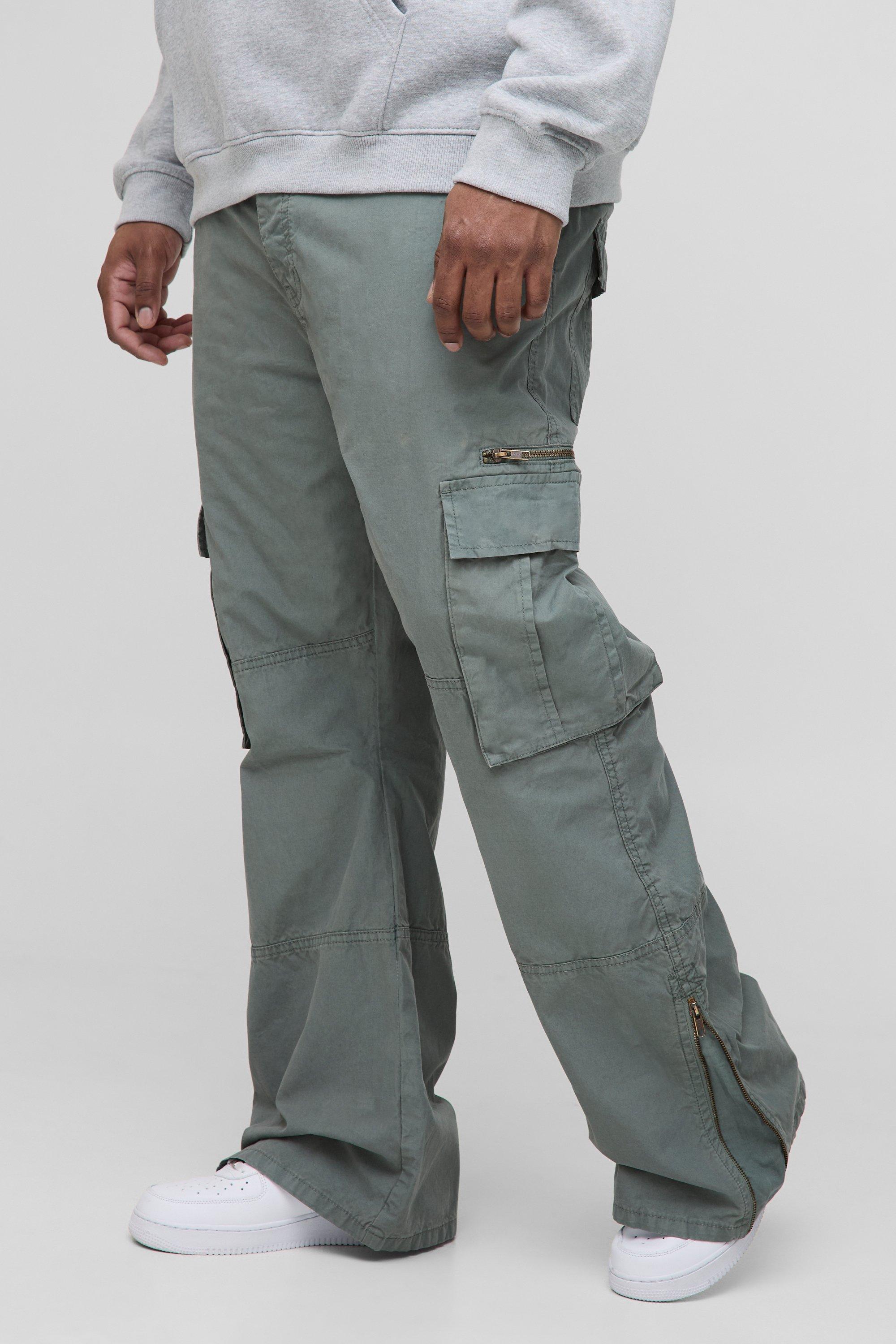 Mens Beige Plus Slim Flare Zip Gusset Overdye Acid Wash Cargo Trouser, Beige