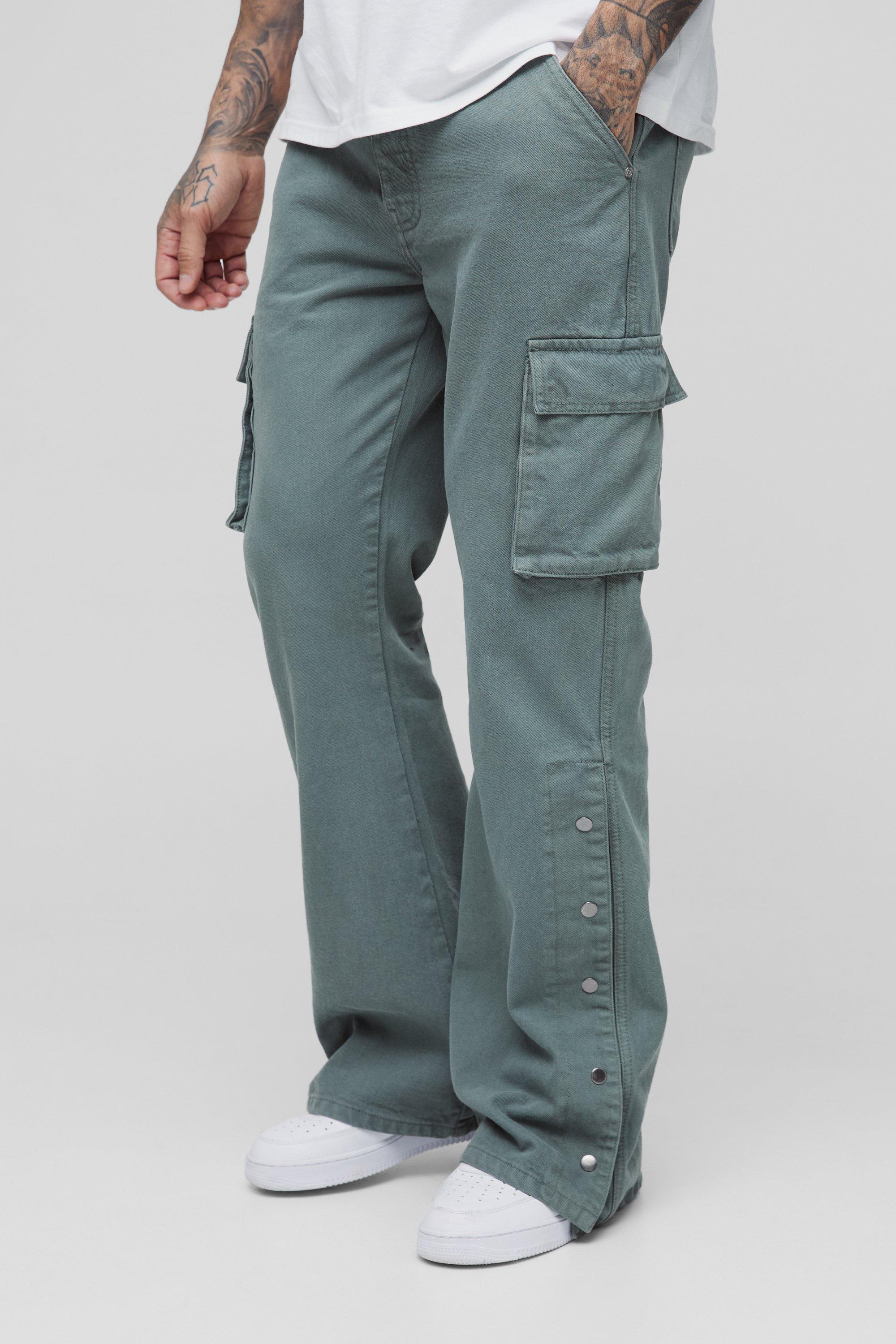 Boohoo Tall Baggy Flared Overdye Cargo Broek Met Drukknoopjes In Zwart, Khaki