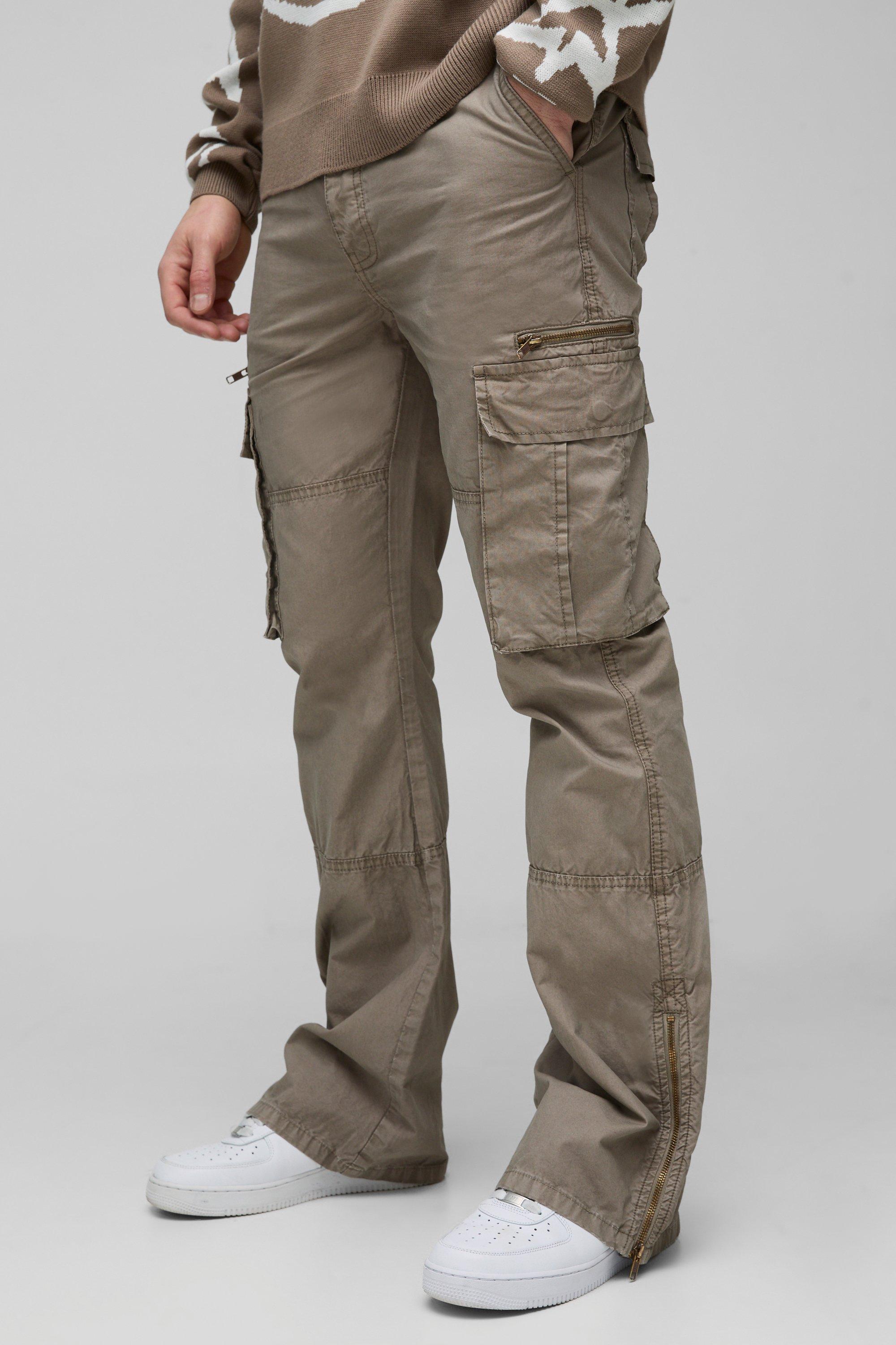 Boohoo Tall Flared Overdye Acid Wash Gebleekte Cargo Broek Met Rits En Gusset In Zwart, Taupe