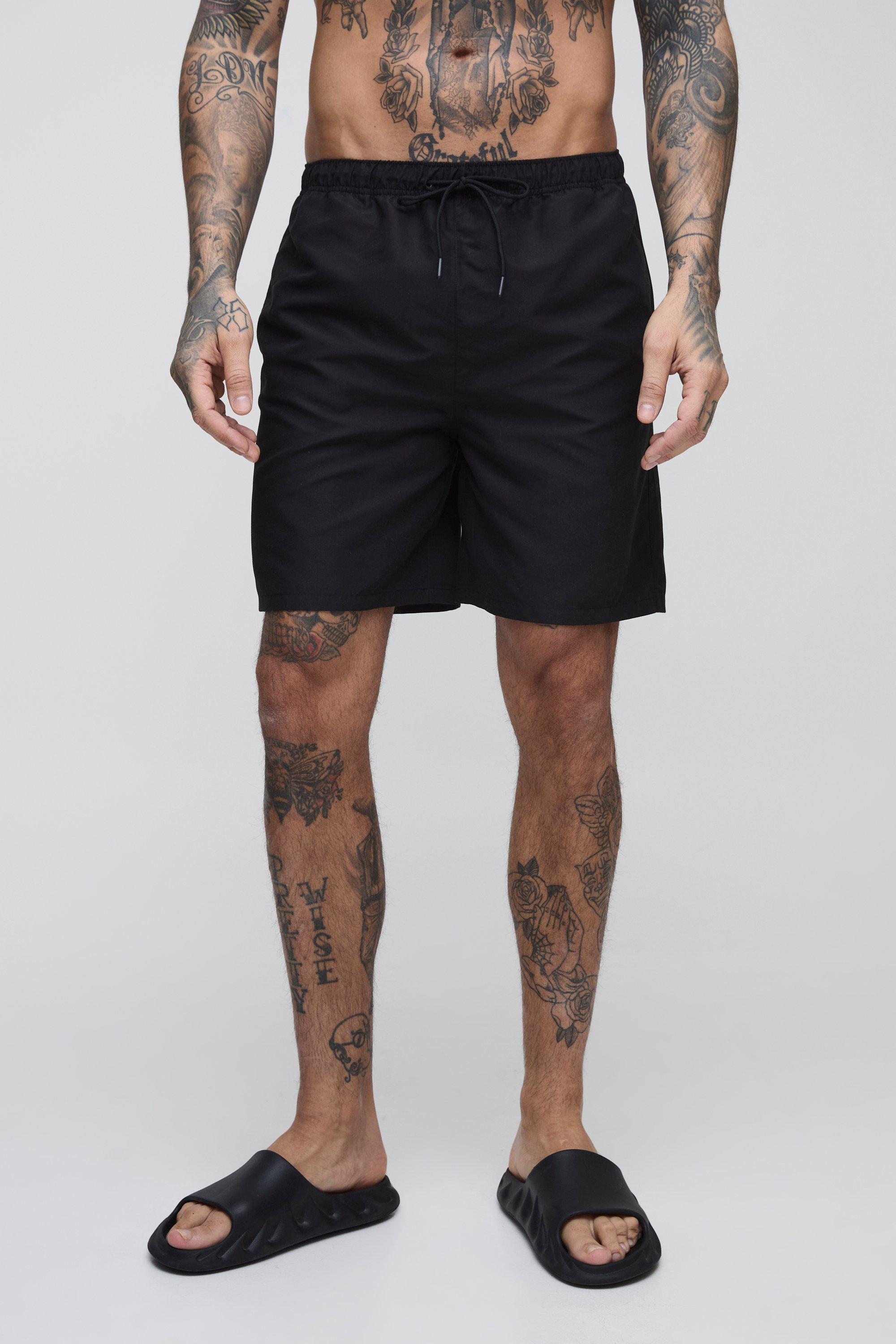 Mens Black Tall Mid Length Swim Shorts, Black