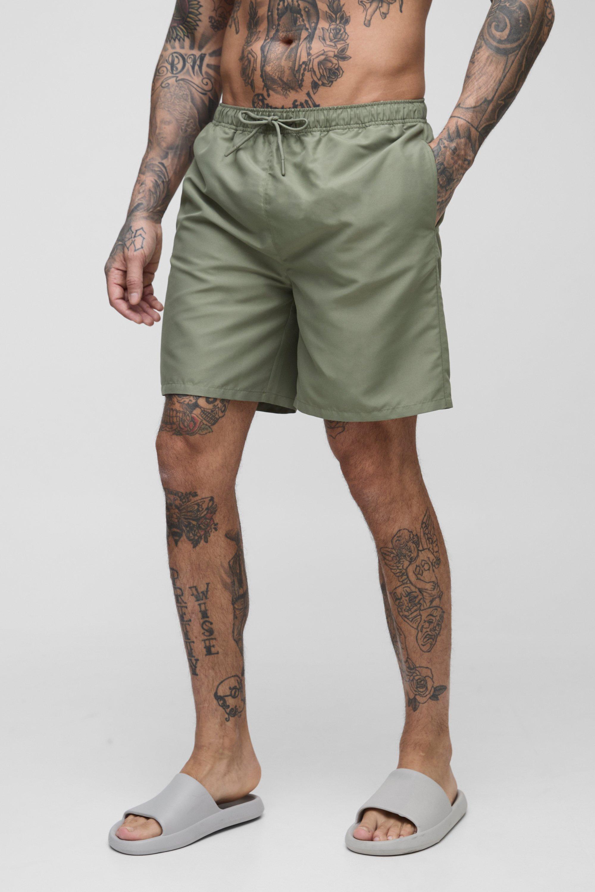 Mens Green Tall Mid Length Swim Shorts, Green