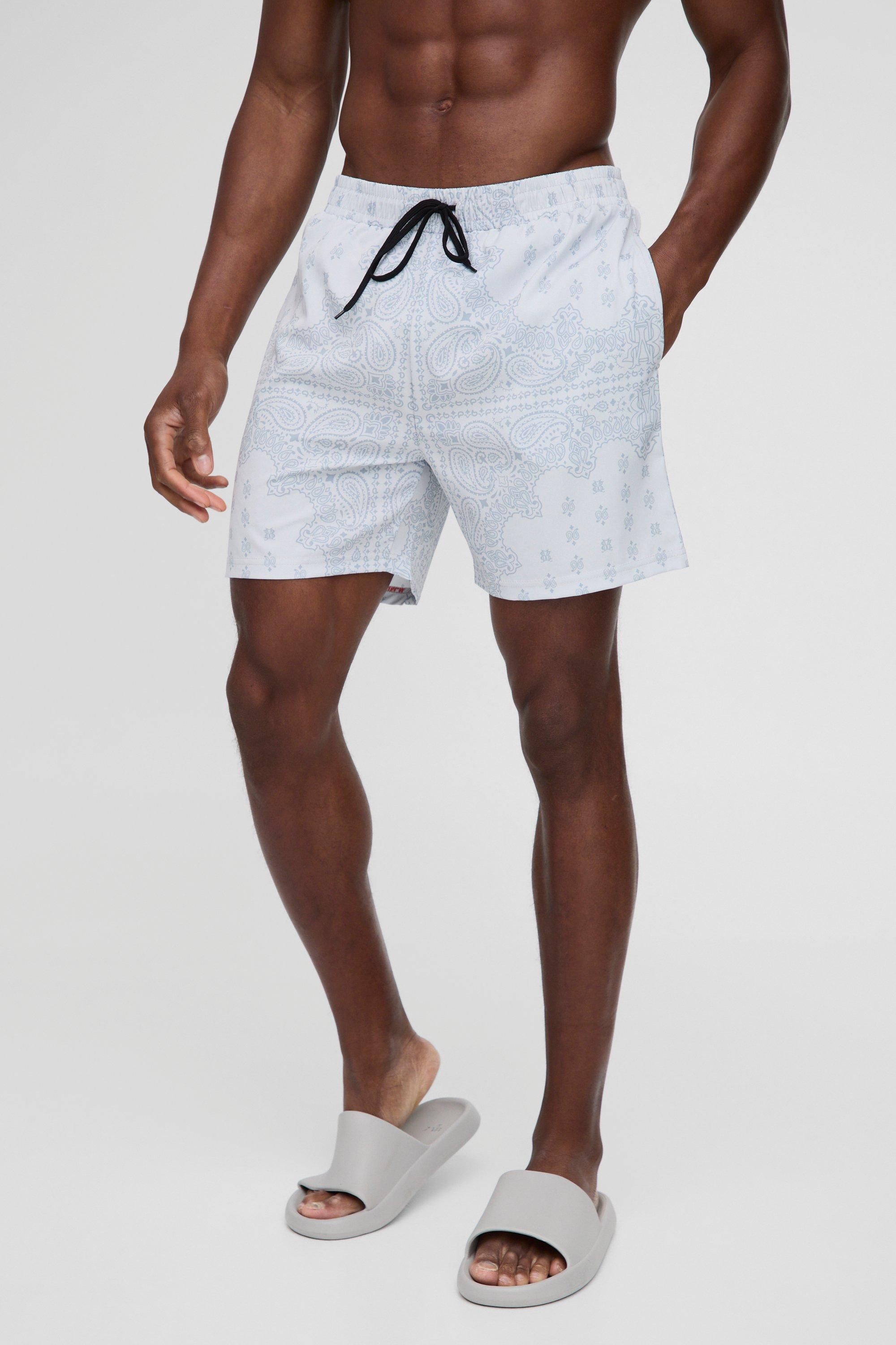 Mens Beige Mid Length Bandana Printed Step Hem Swim Short, Beige