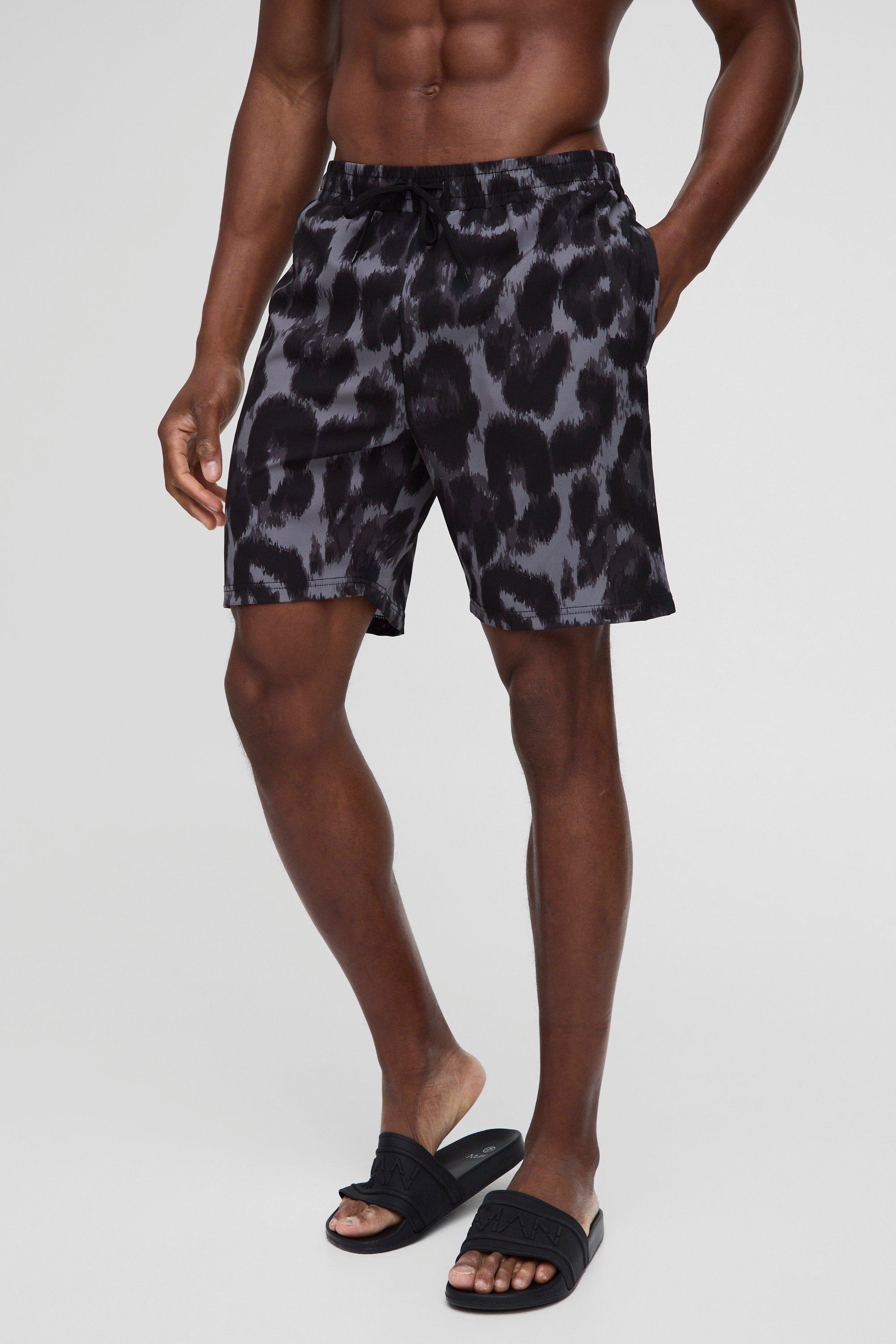 Mens Grey Long Length Leopard Printed Swim Short, Grey