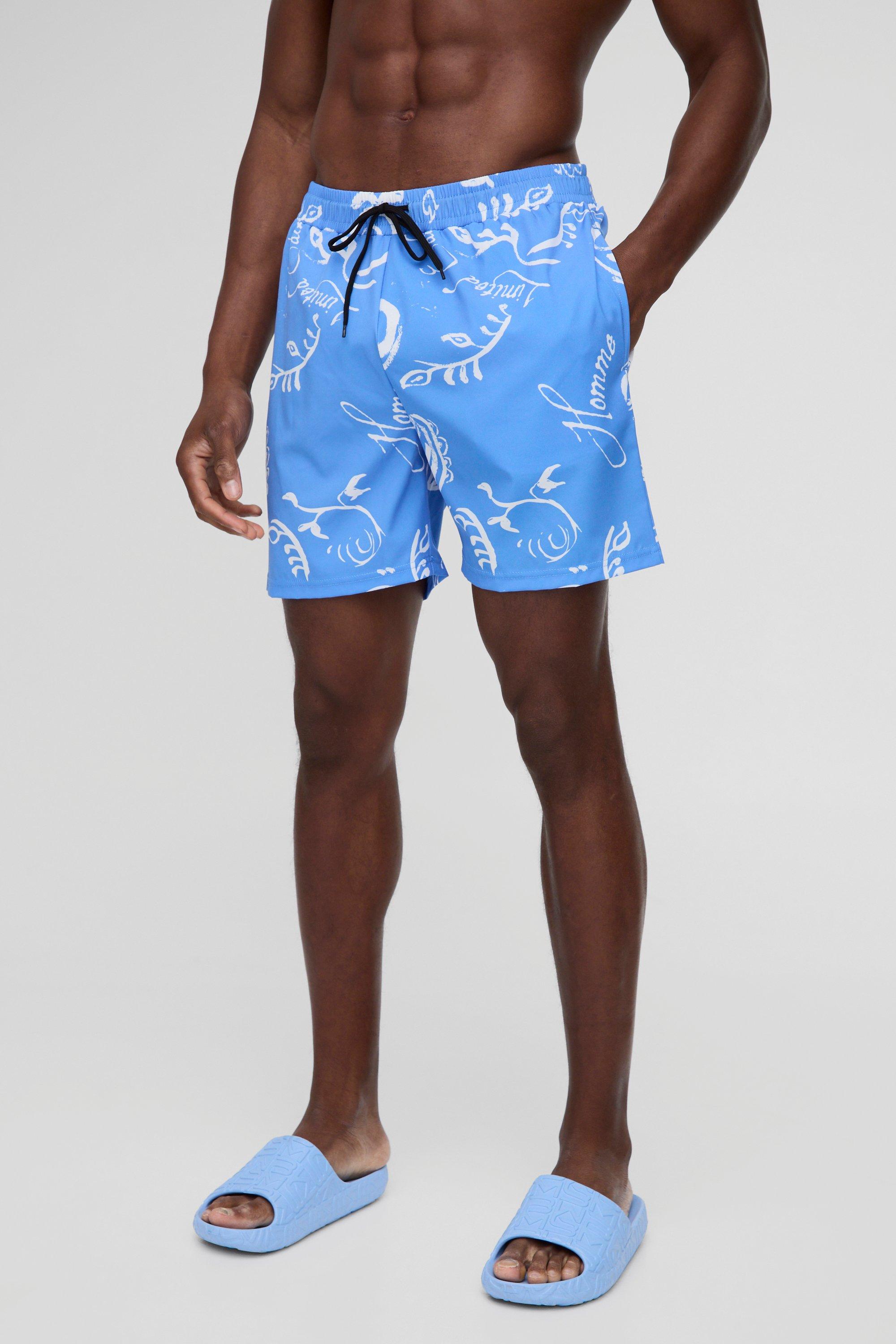 Mens Blue Mid Length Paisley Printed Swim Short, Blue