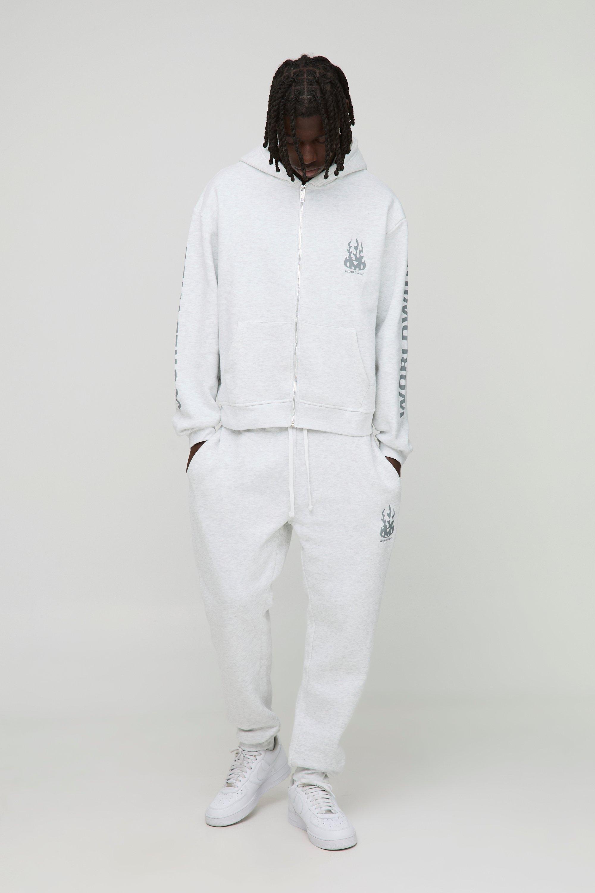 Image of Tuta sportiva squadrata oversize Worldwide con zip e cappuccio, 330 g/mq, Grigio