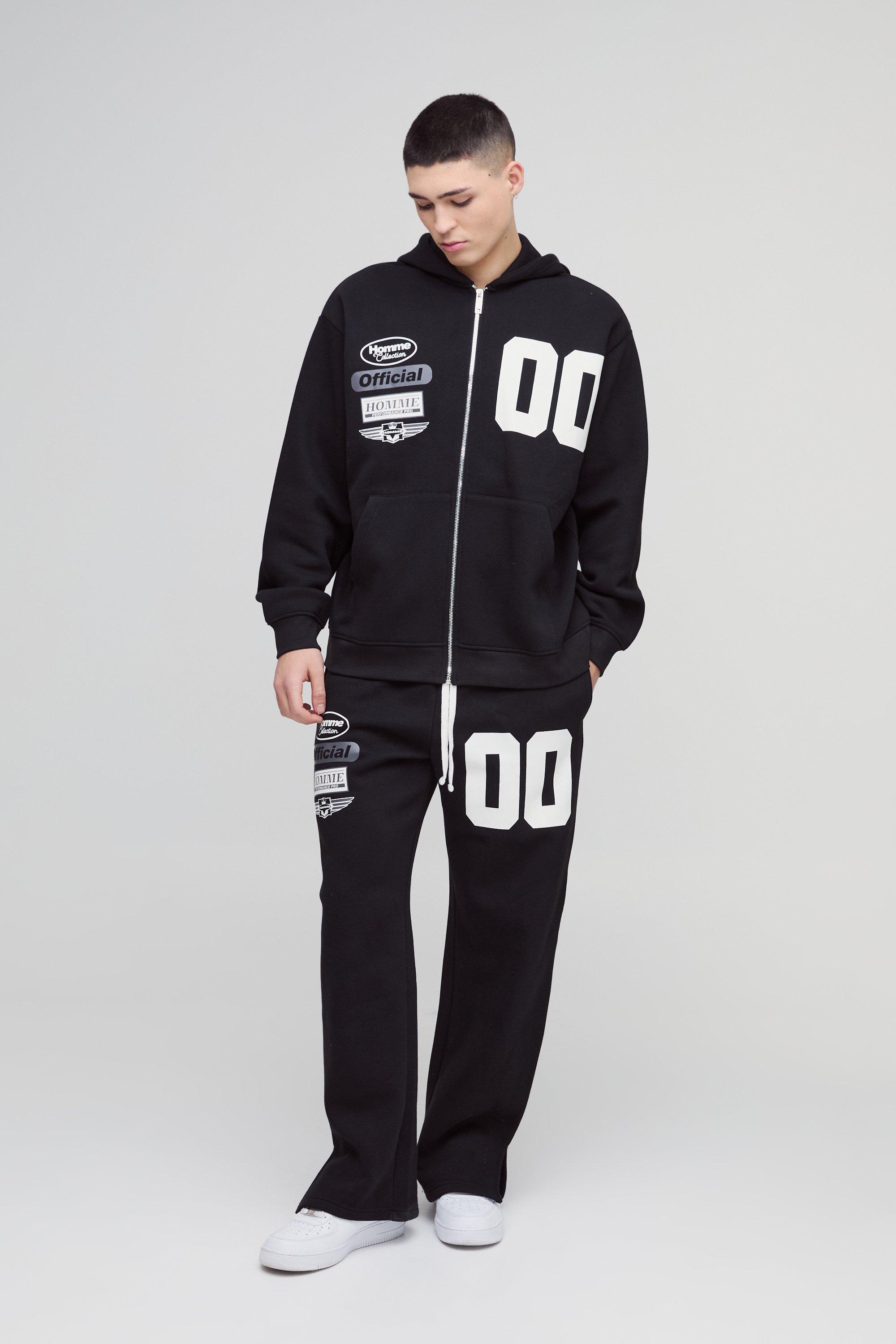 Image of Tuta sportiva oversize Official stile Varsity da 330 g/m², cappuccio, zip e spacco sul fondo, Nero