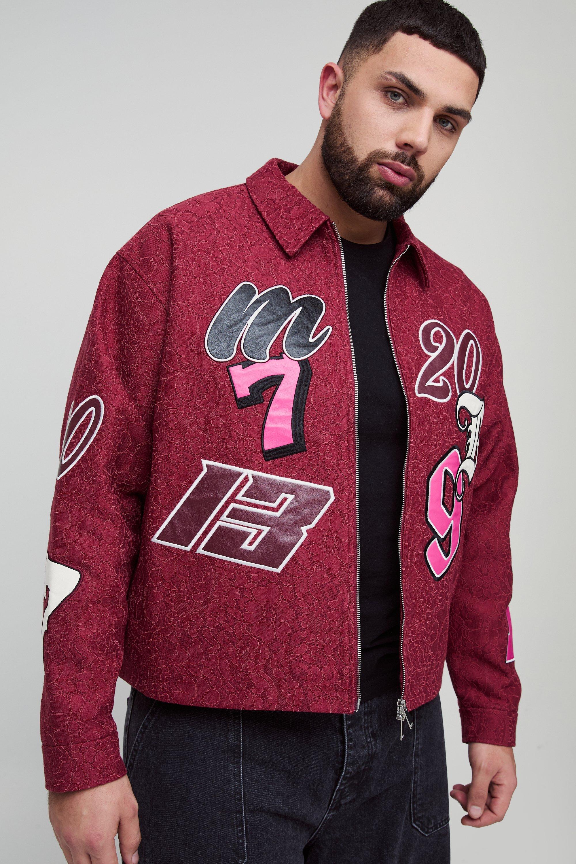 Giacca Harrington Plus Size squadrata oversize in pizzo con applique all over, Rosso