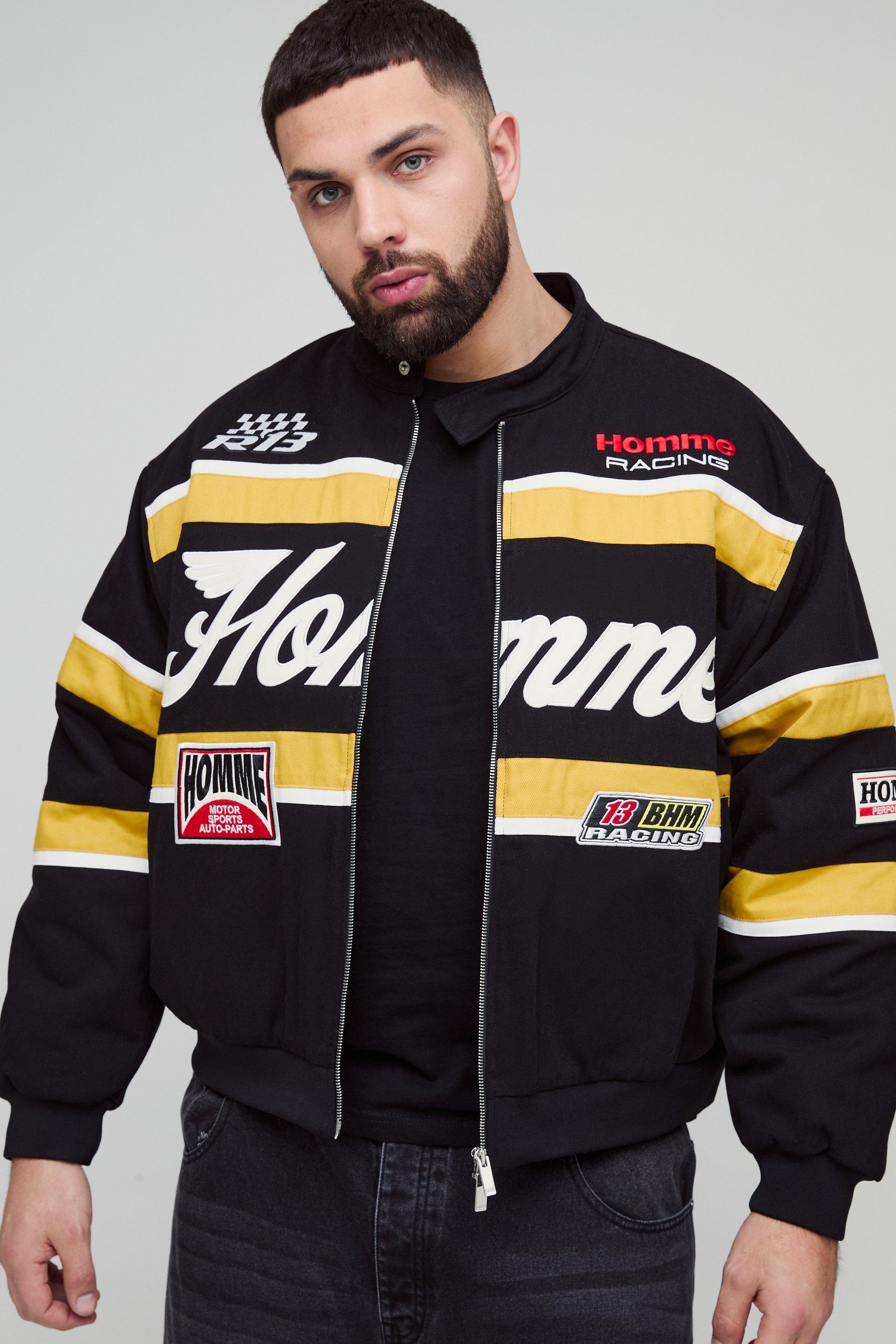Giacca Bomber Plus Size squadrata oversize con applique di moto, Nero
