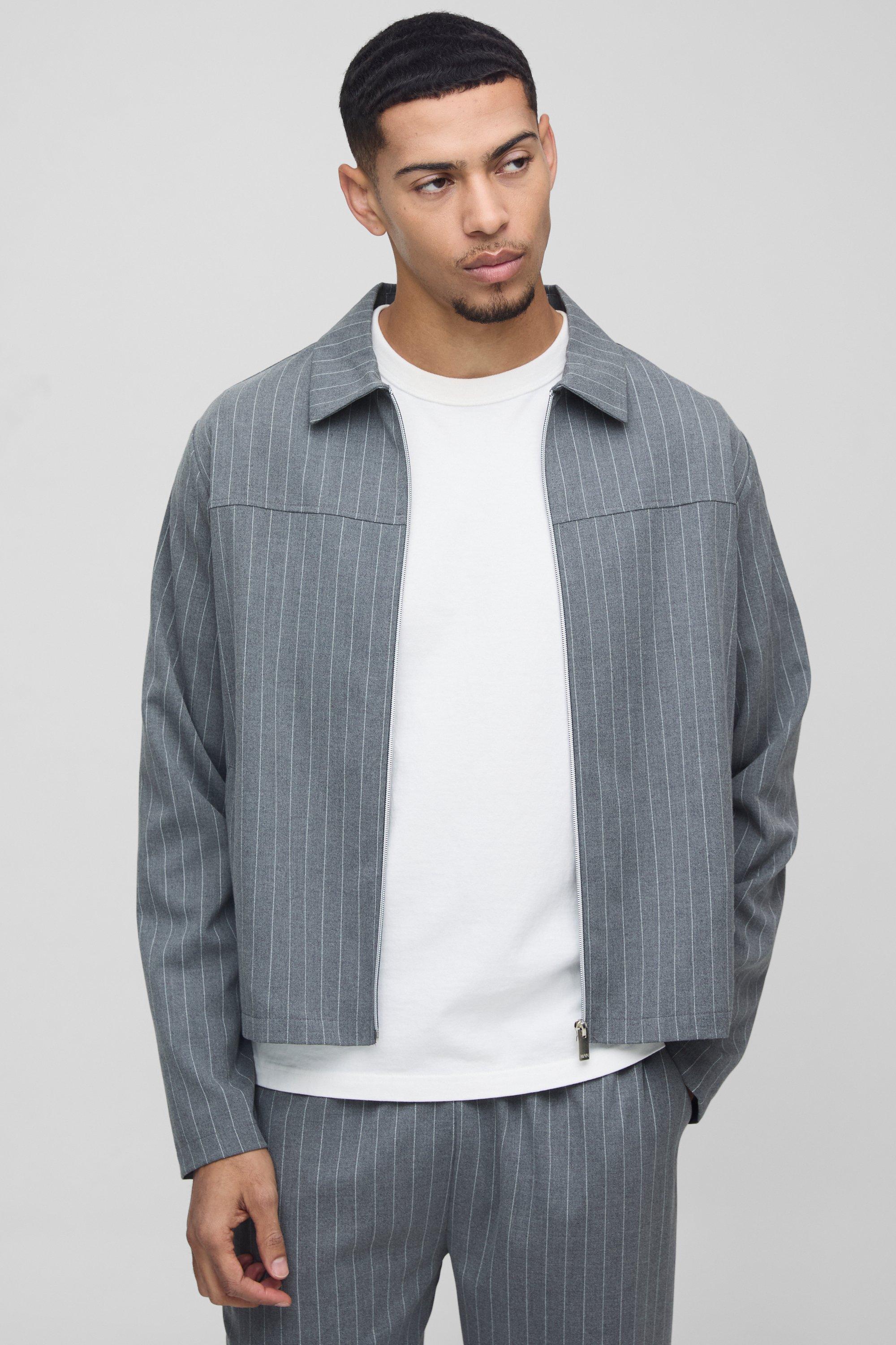 Mens Grey Regular Fit Stripe Harrington Jacket, Grey