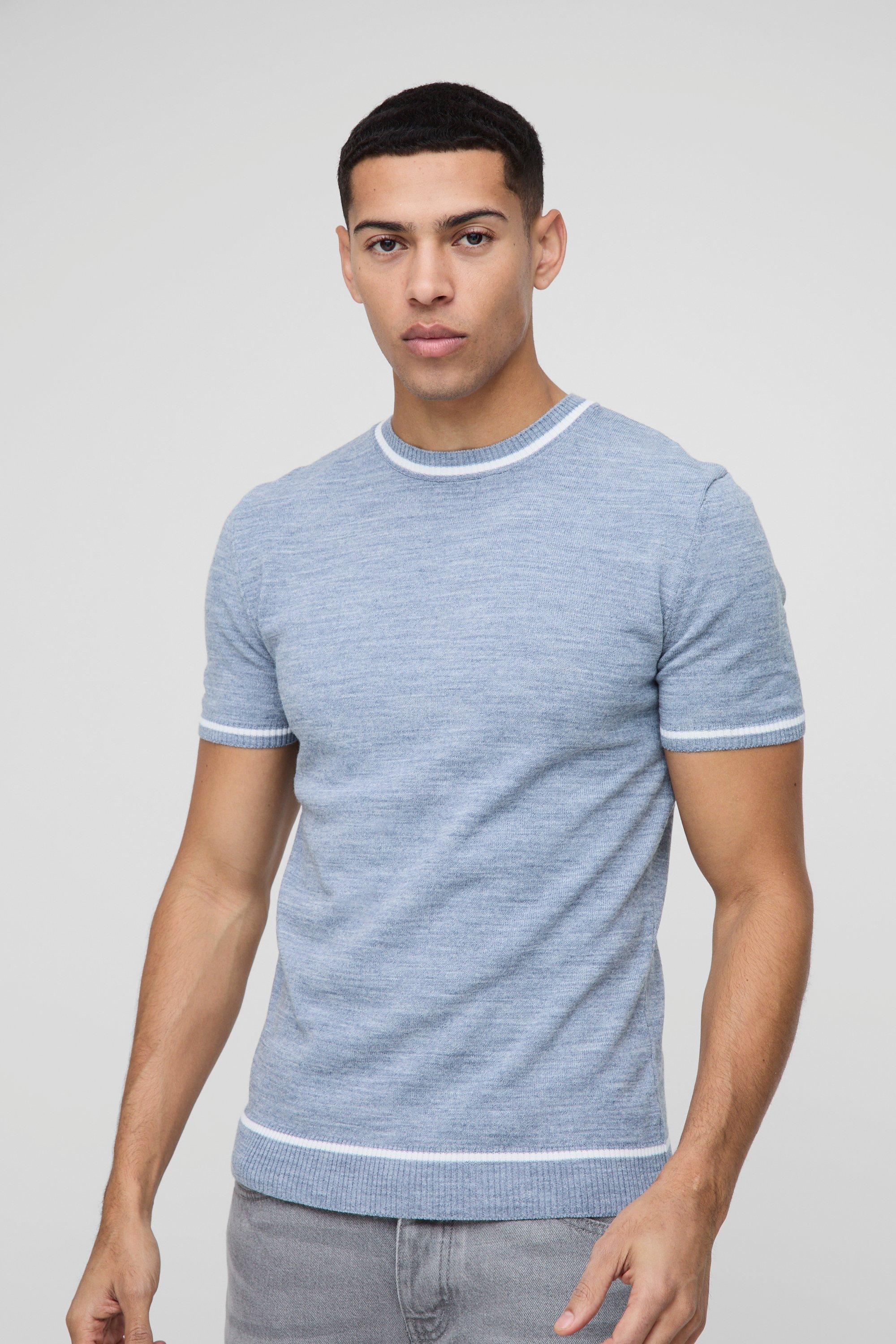 T-shirt attillata in maglia con dettagli a contrasto, Azzurro