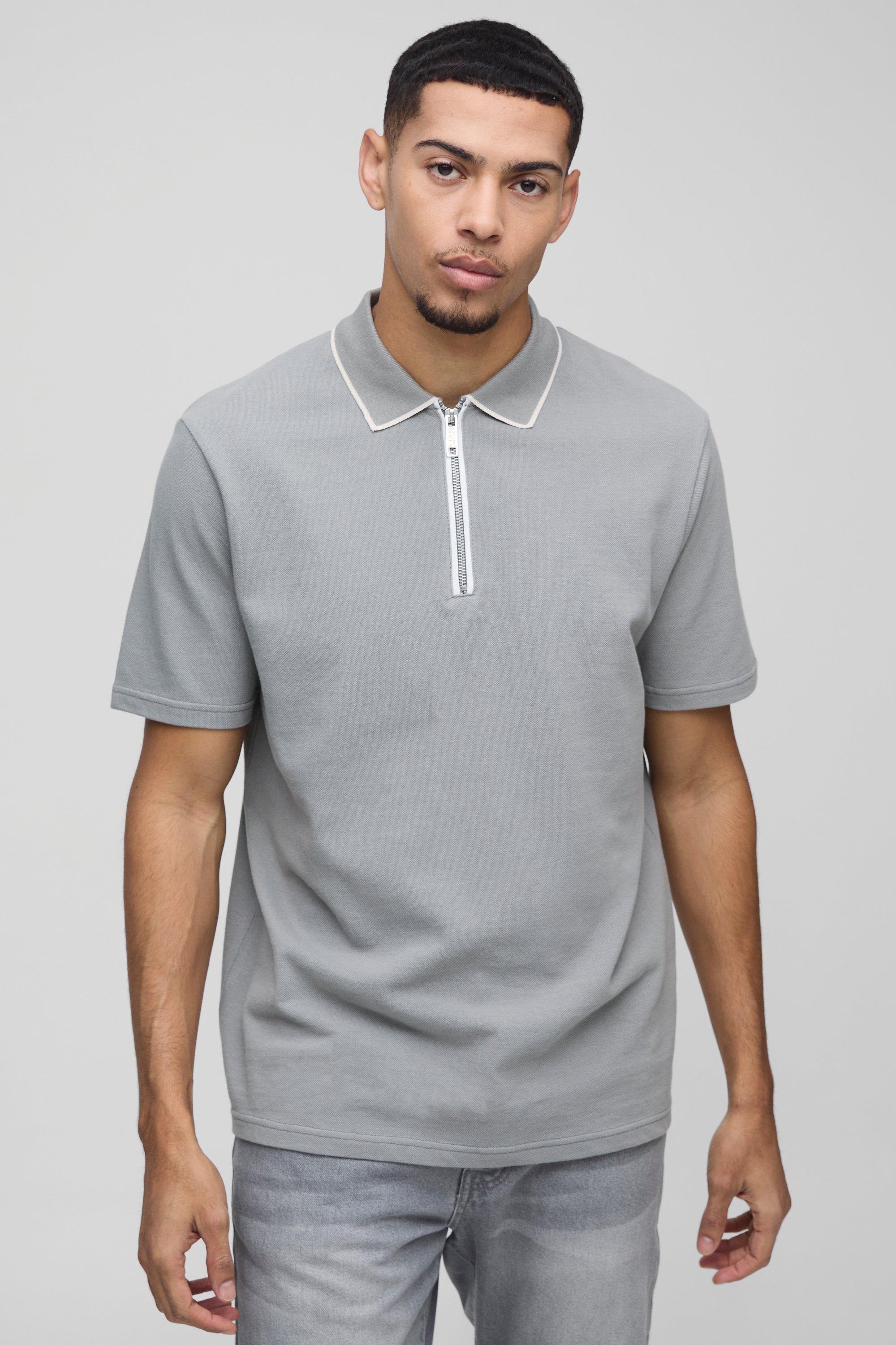 Polo in piqué con zip sul colletto e bordi a contrasto, Azzurro