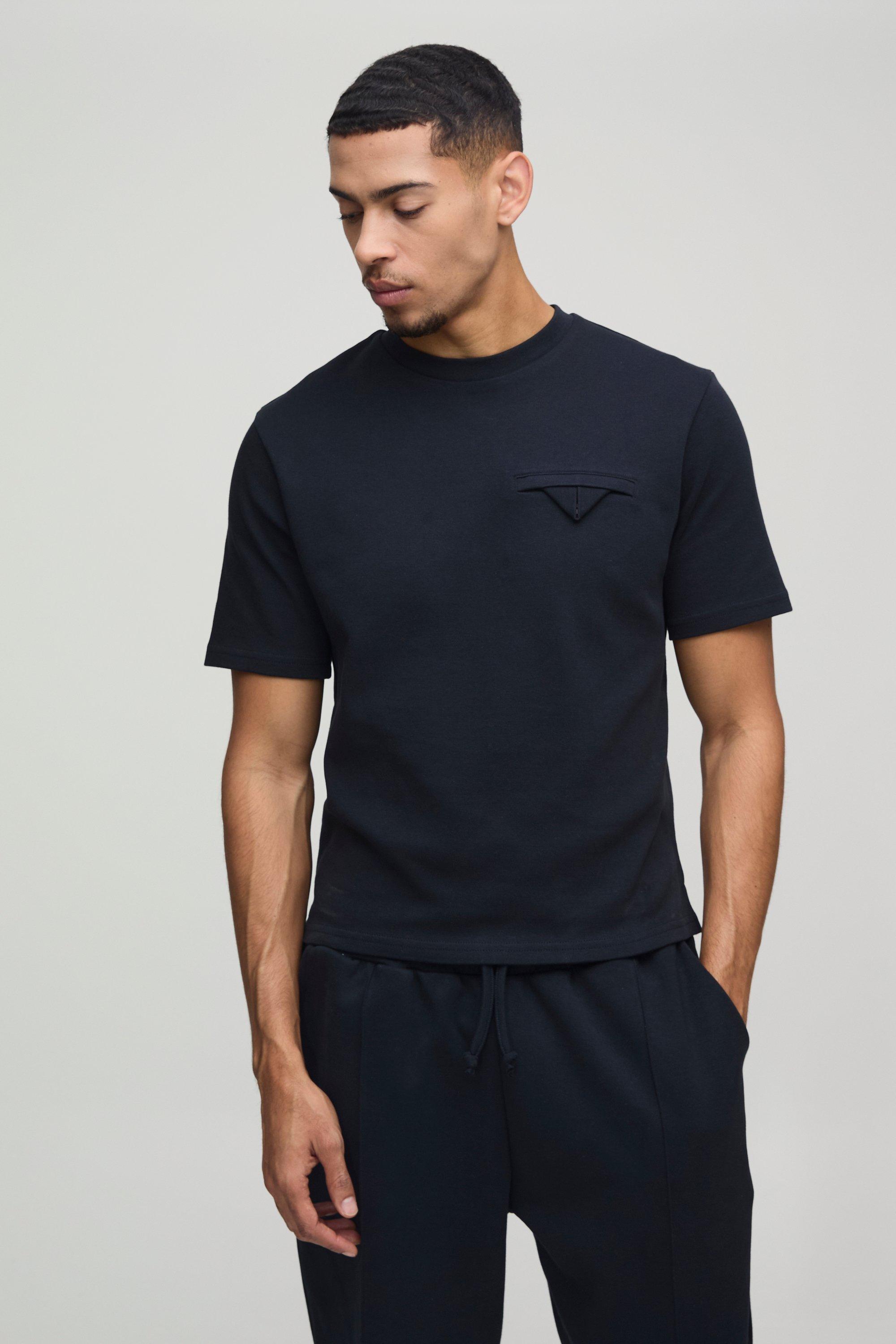 Mens Black Heavyweight Pocket Detail Interlock Boxy T-Shirt, Black