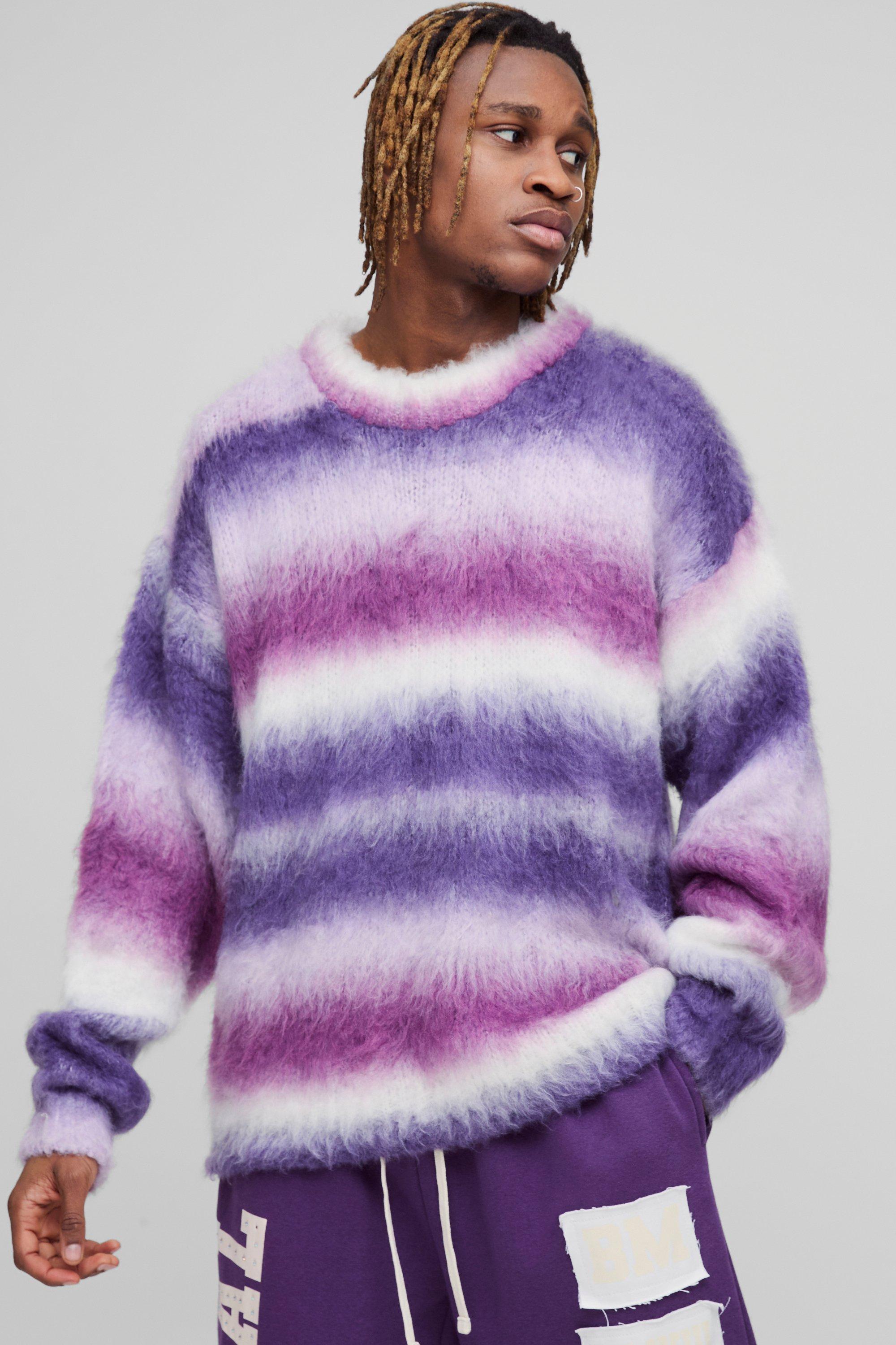 Mens Purple Tall Oversized Boxy Brushed Stripe Knitted Jumper, Purple