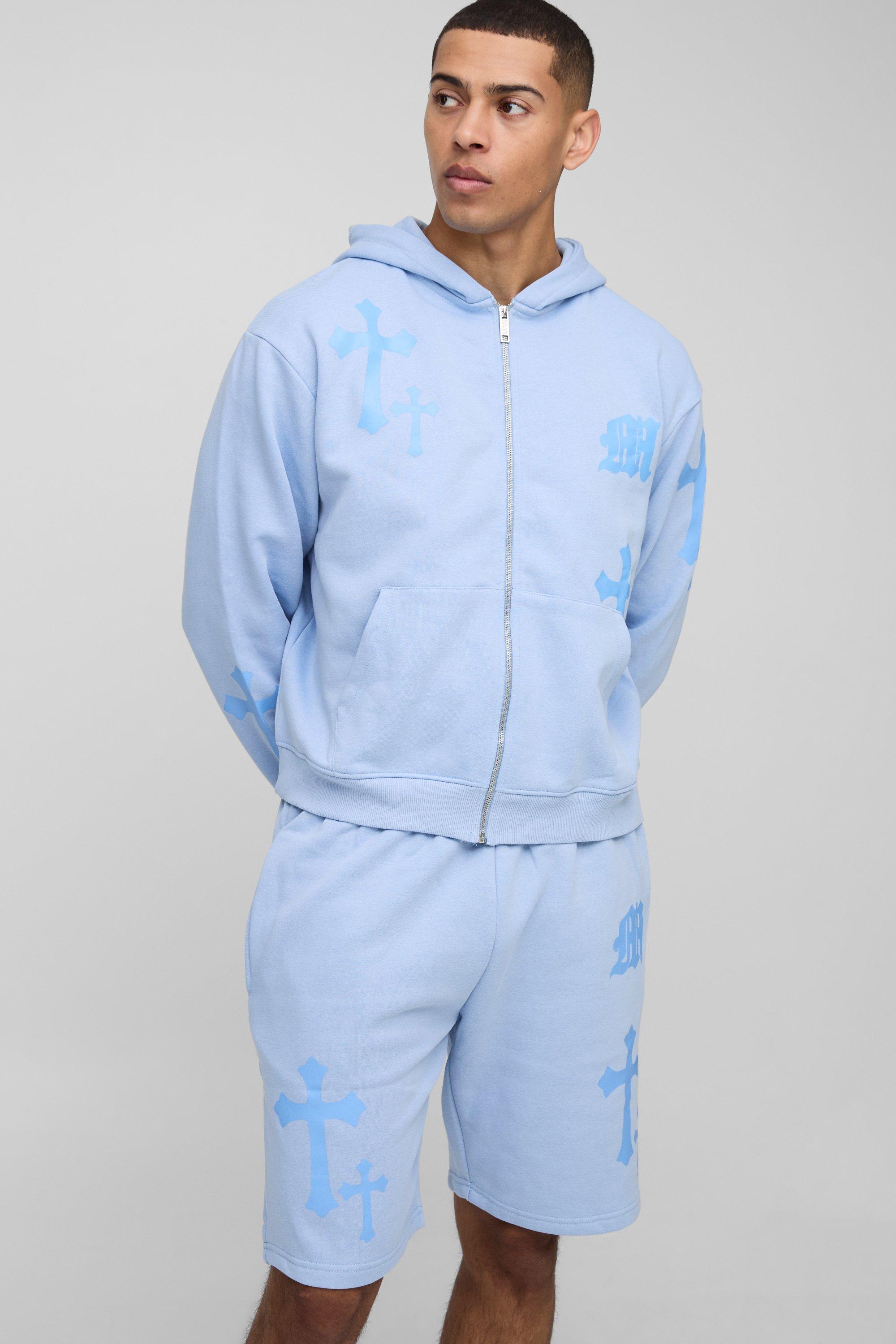 Tuta sportiva corta squadrata oversize con stampa di lettere gotiche, zip e cappuccio, Azzurro