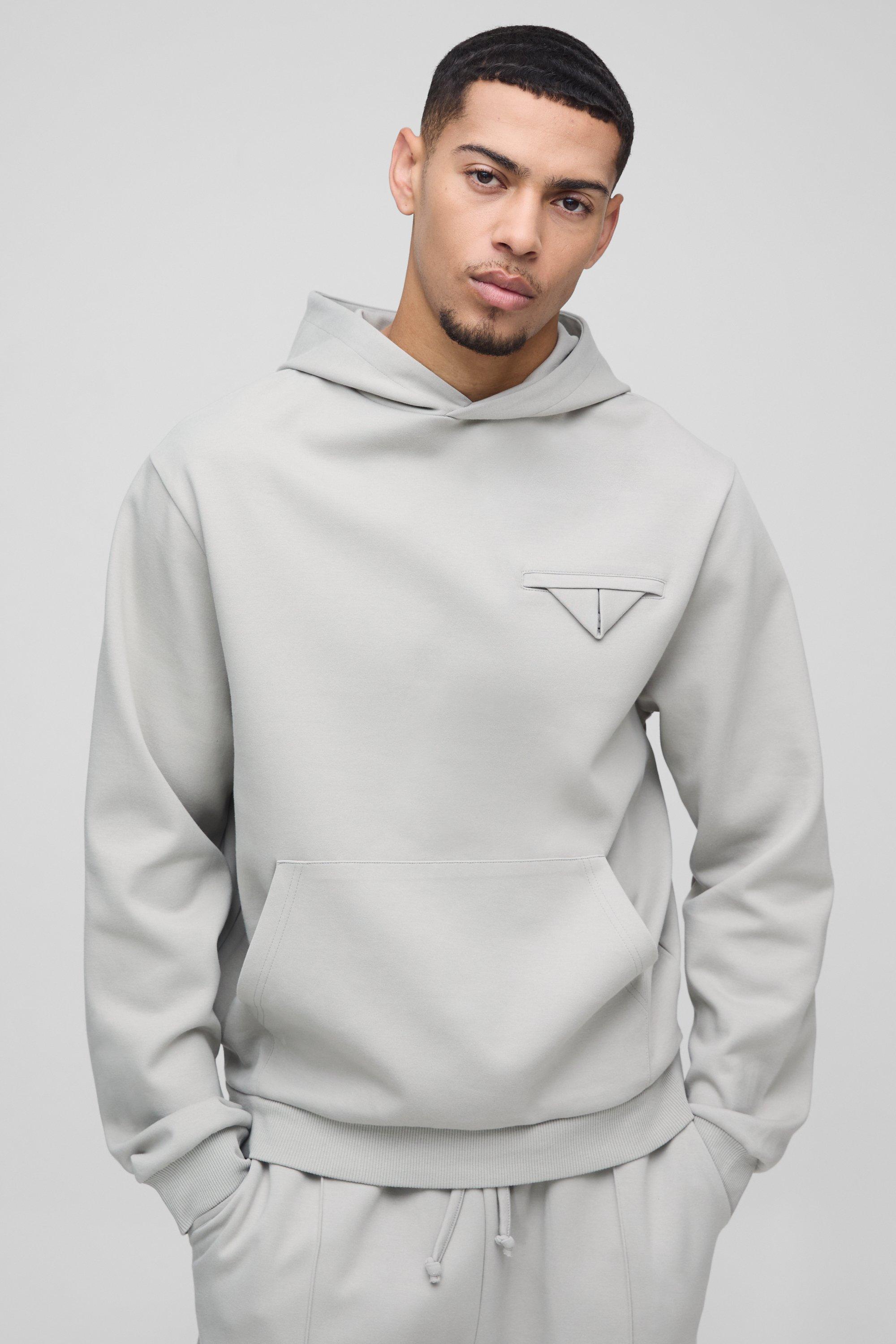 Mens Grey Interlock Pocket Detail Hoodie, Grey