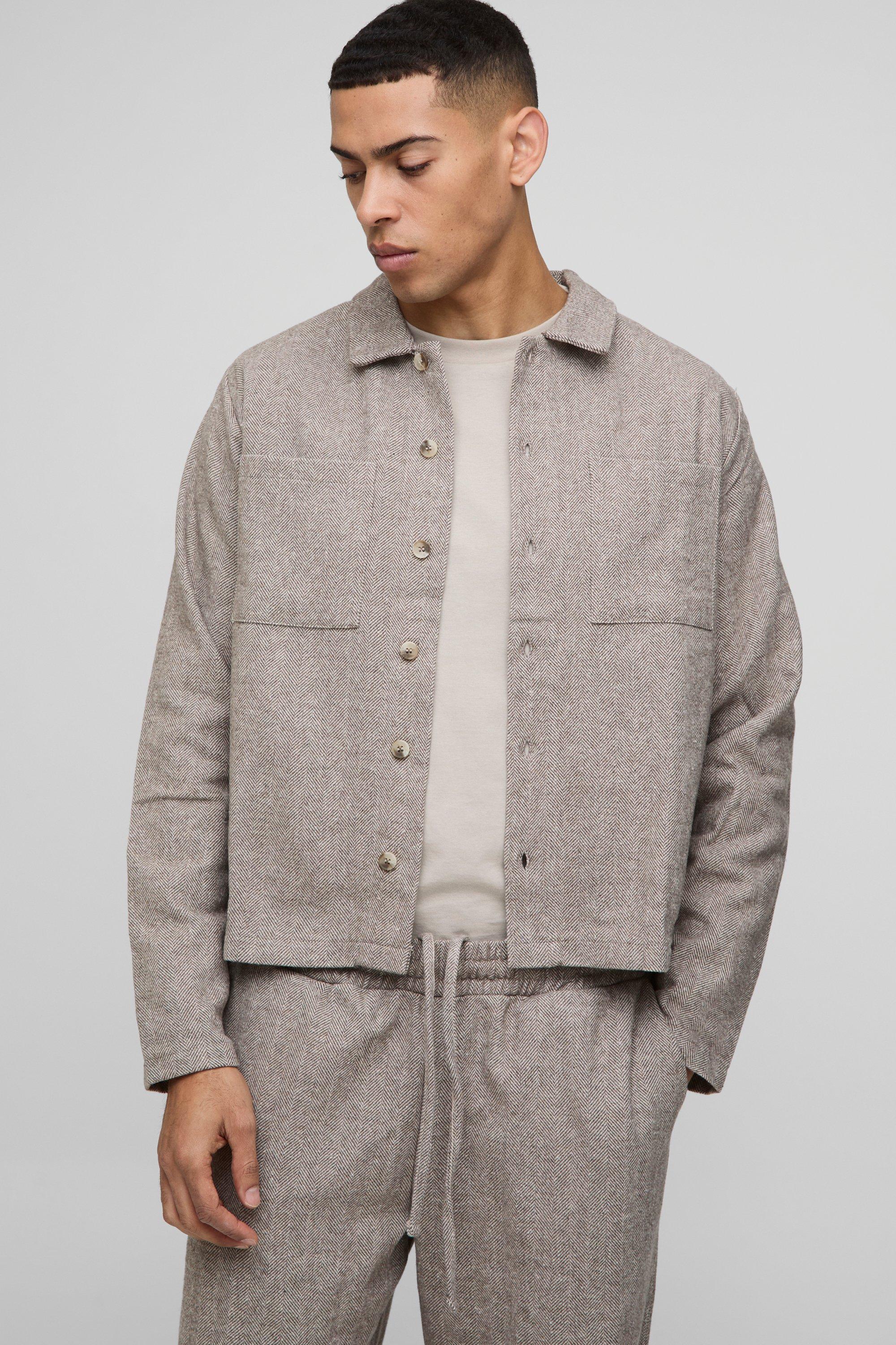 Mens Beige Oversized Boxy Fit Herringbone Cargo Pocket Harrington, Beige