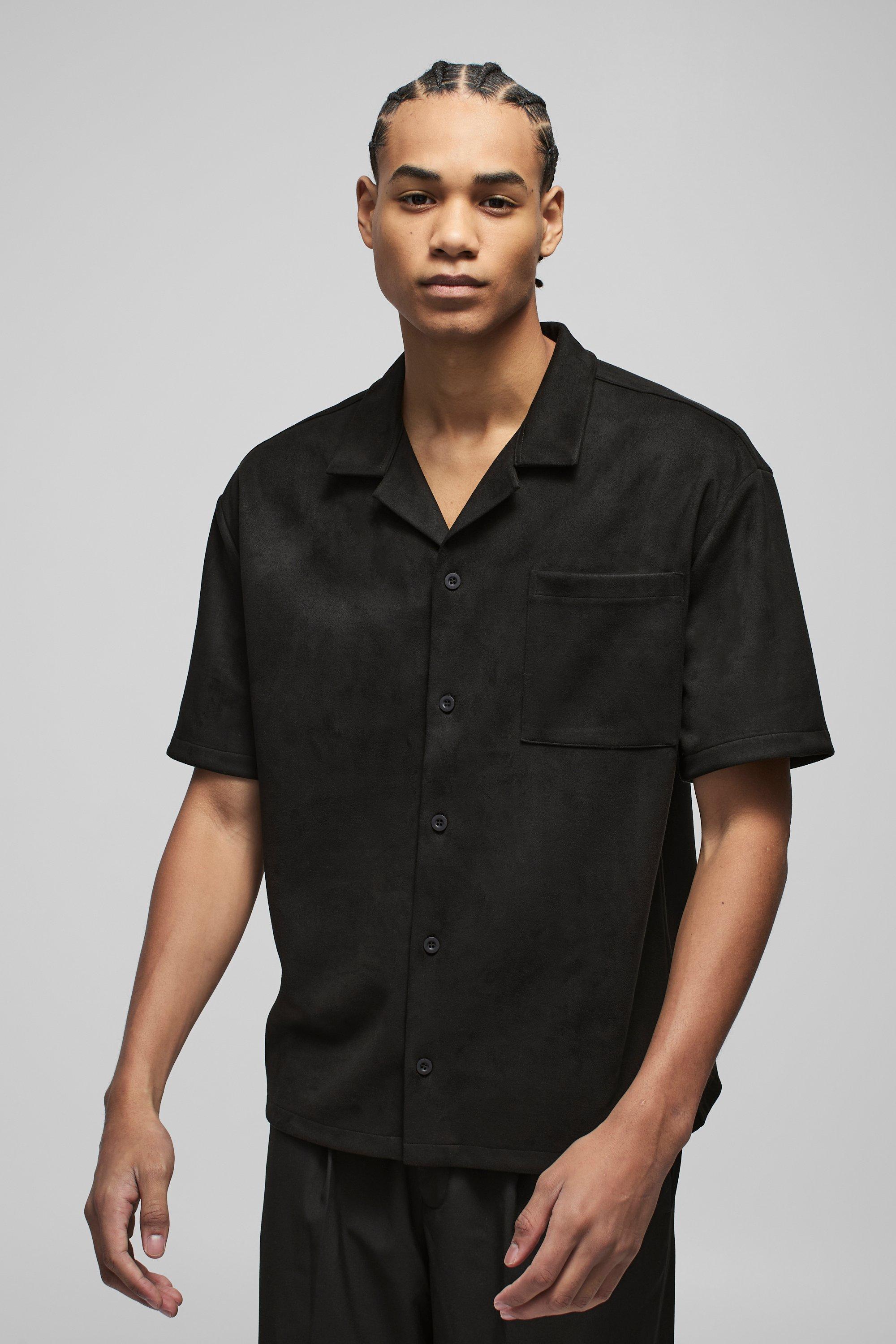 Camicia oversize in scamosciato sintetico con rever sul colletto, Nero