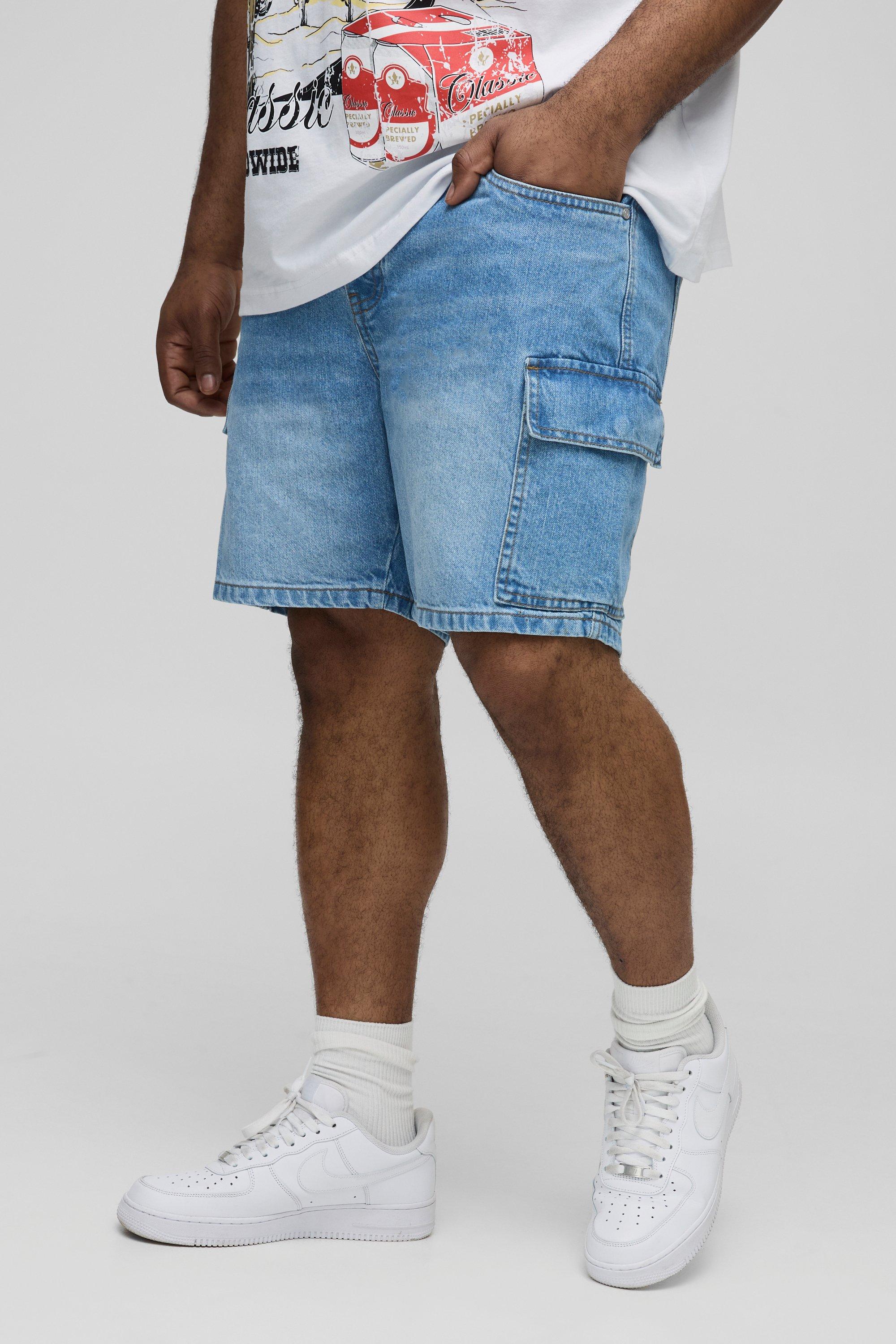 Mens Grey Plus Slim Rigid Cargo Denim Shorts, Grey