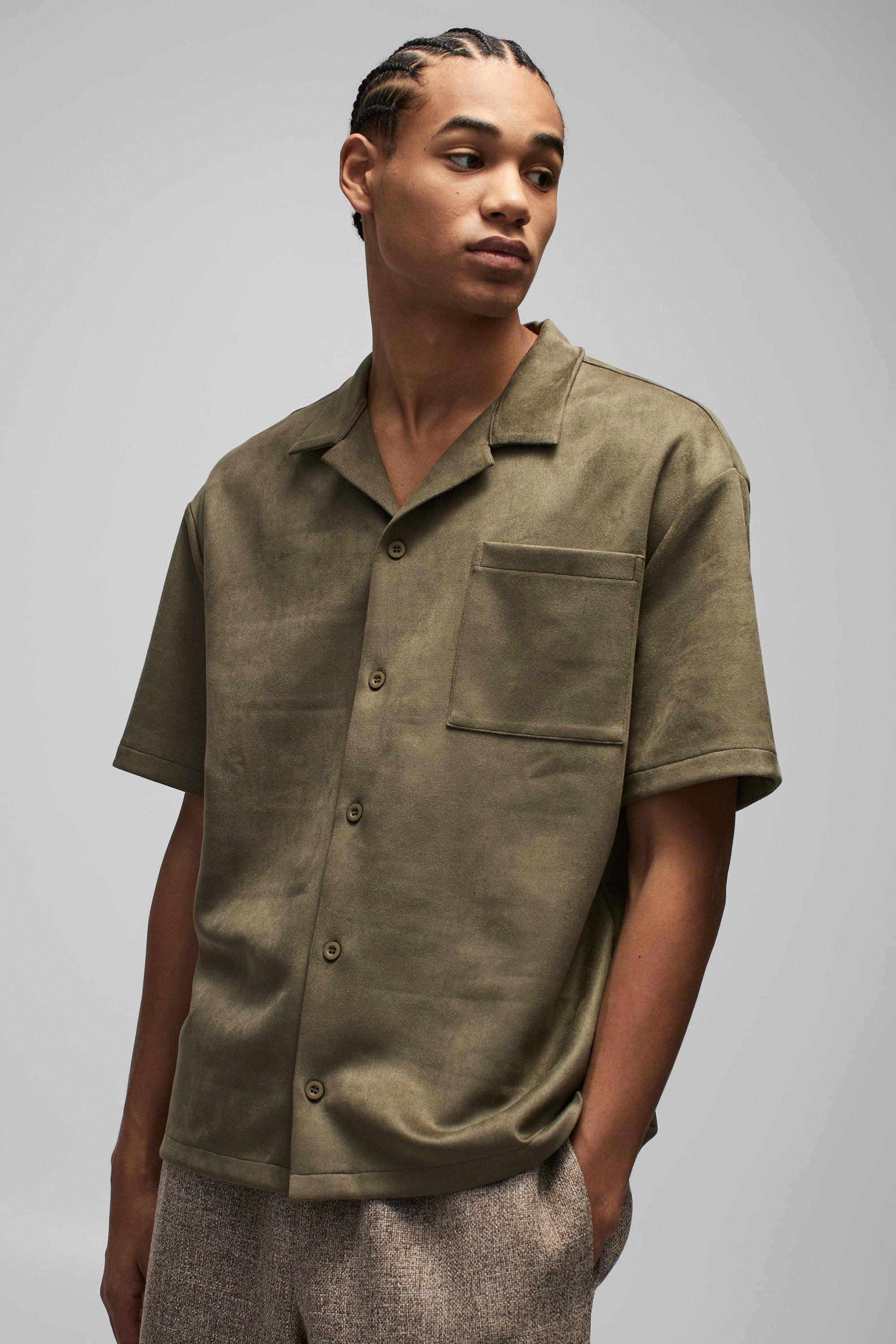 Camicia oversize in scamosciato sintetico con rever sul colletto, Verde